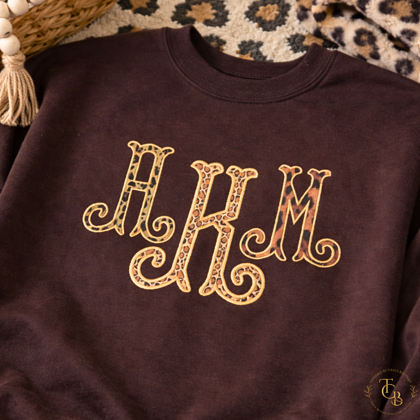Personalized Leopard Print Monogram Crewneck | Premium Appliqué Collection
