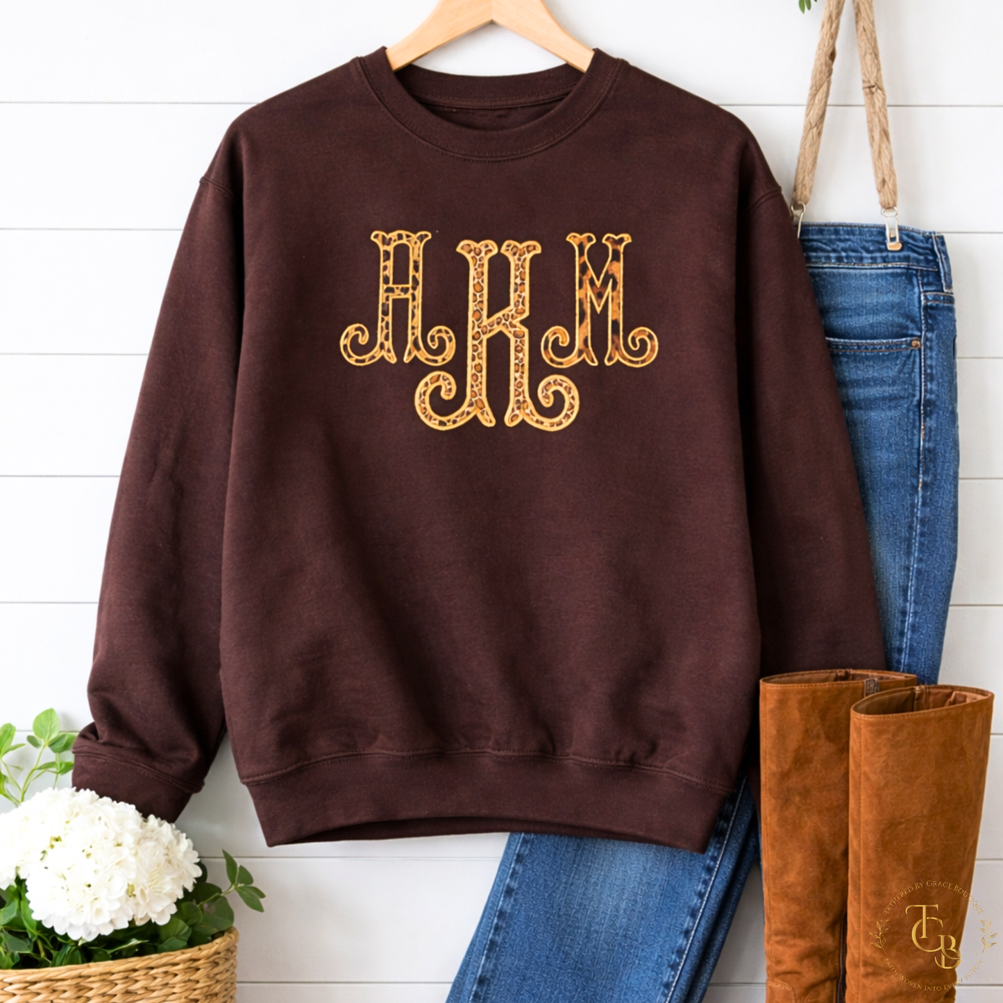 Personalized Leopard Print Monogram Crewneck | Premium Appliqué Collection