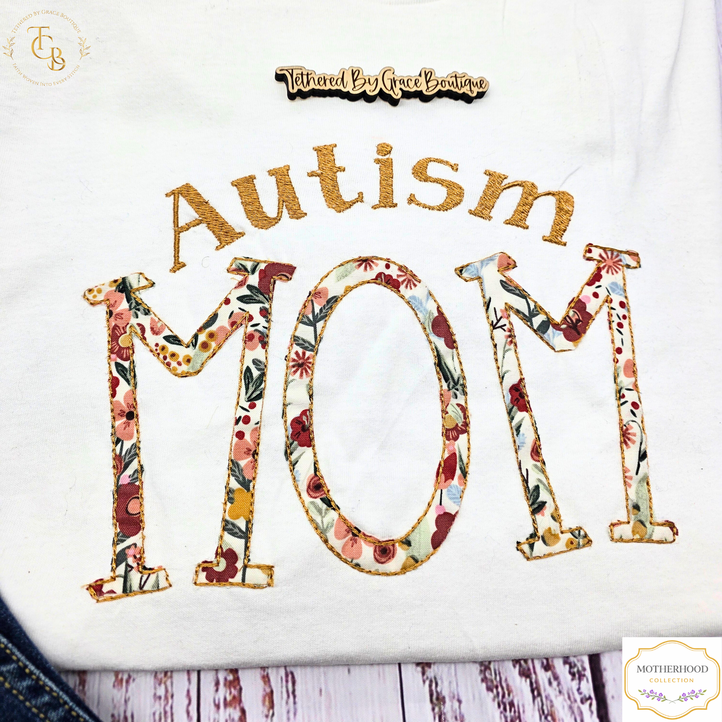 Autism Mom Appliqué & Embroidered Short Sleeve Tee – Floral Design