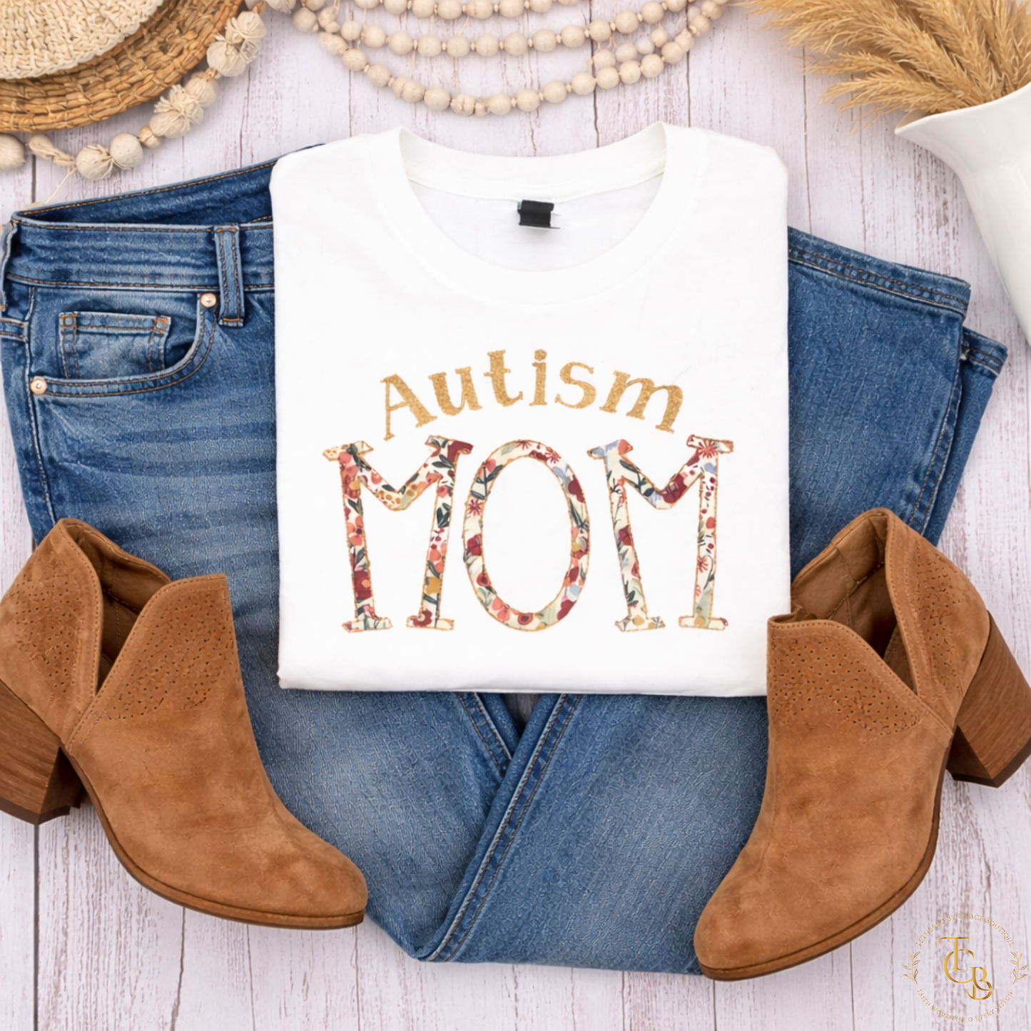 Autism Mom Appliqué & Embroidered Short Sleeve Tee – Floral Design