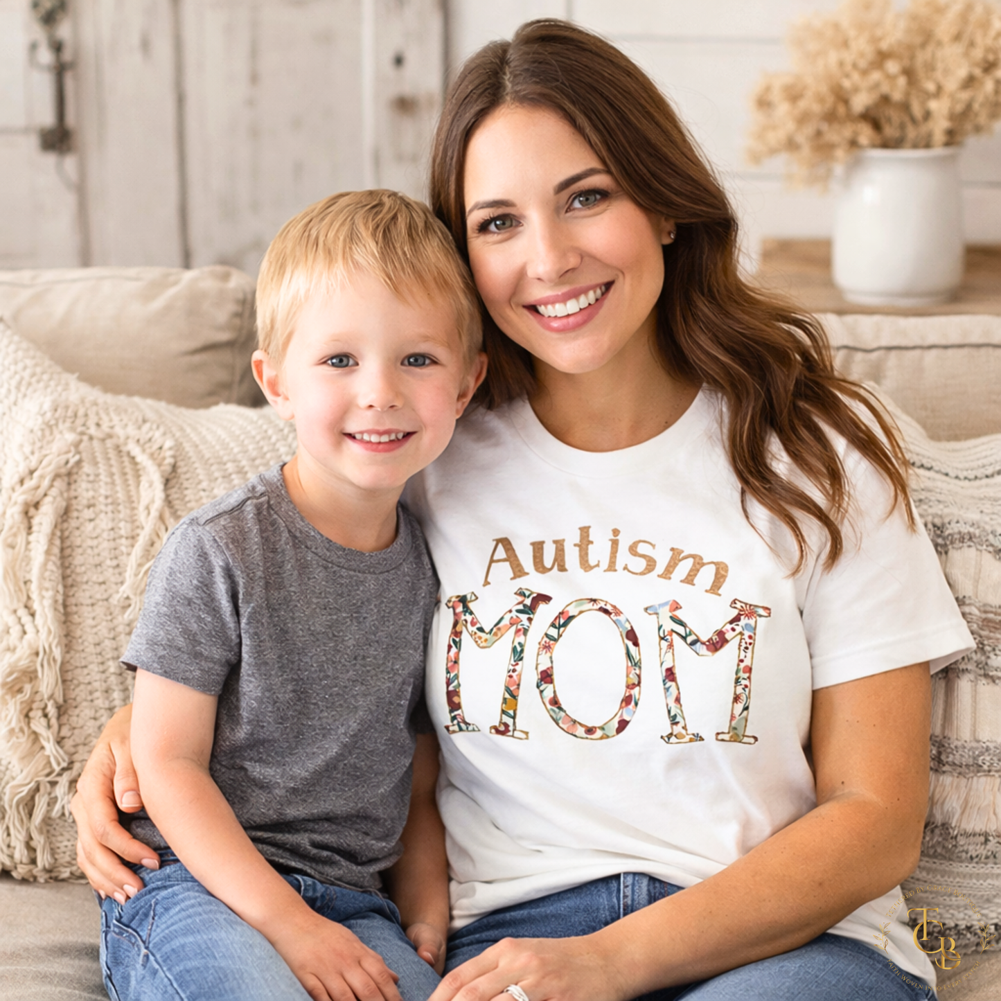 Autism Mom Appliqué & Embroidered Short Sleeve Tee – Floral Design