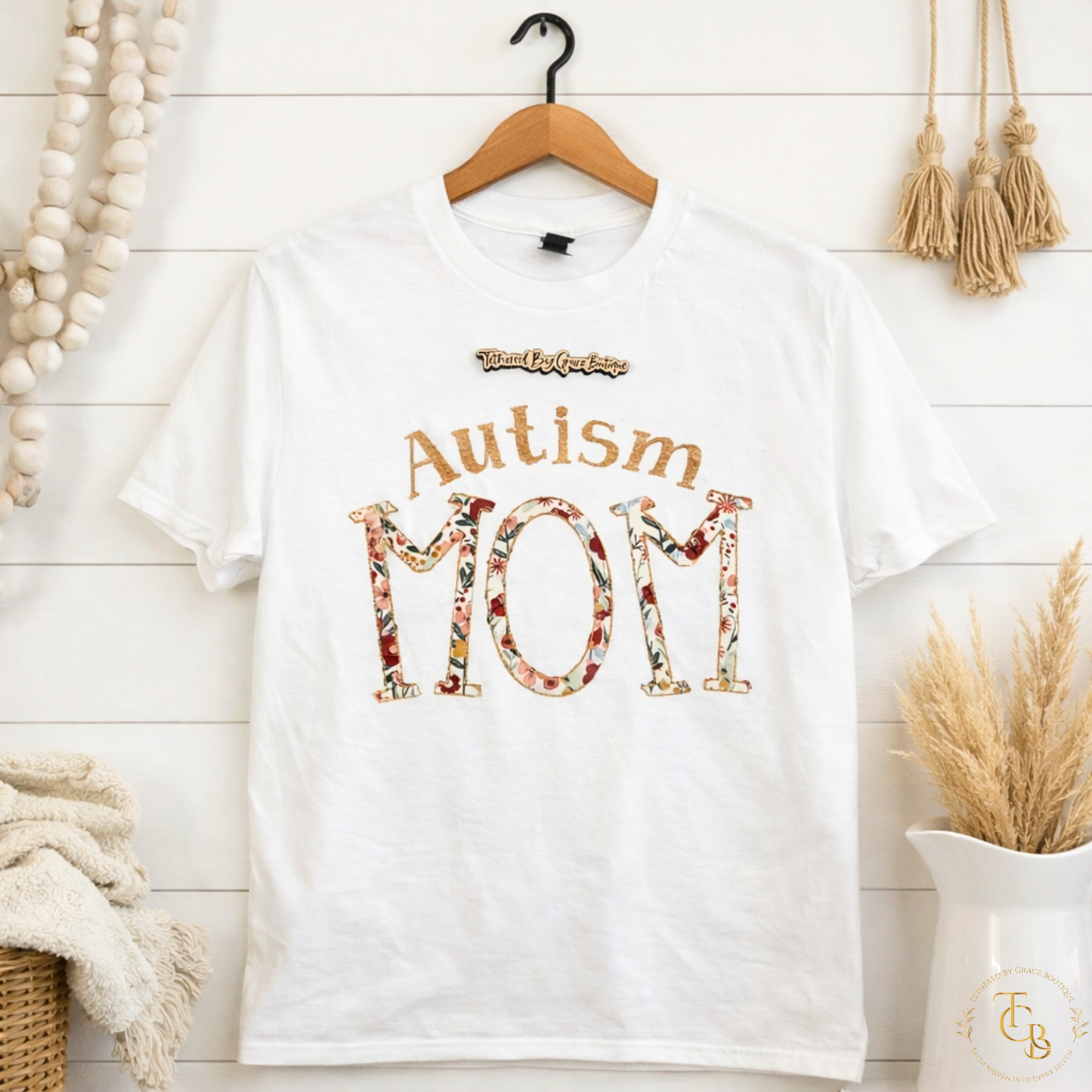 Autism Mom Appliqué & Embroidered Short Sleeve Tee – Floral Design