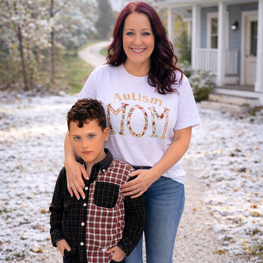 Autism Mom Appliqué & Embroidered Short Sleeve Tee – Floral Design