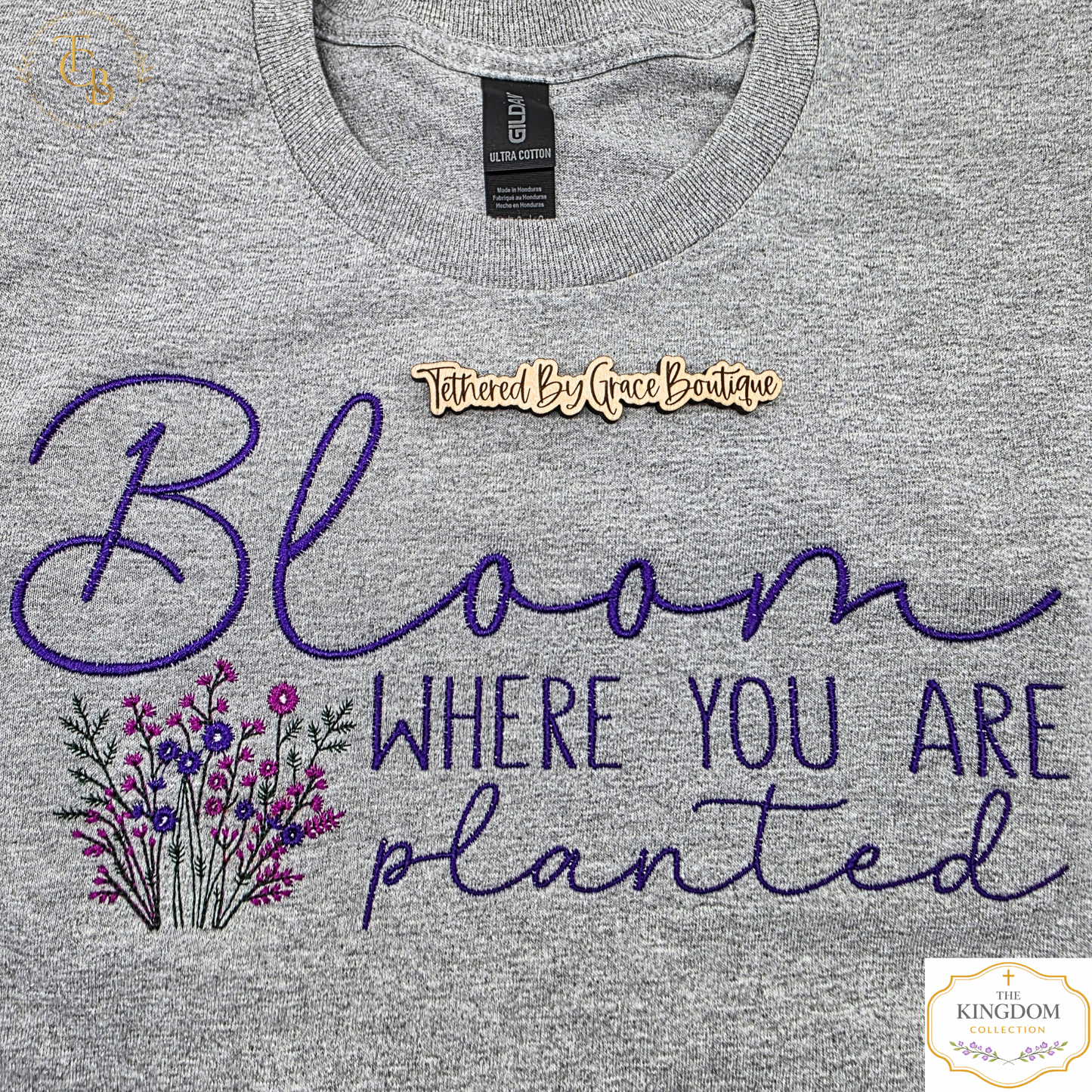 Bloom Where You Are Planted Embroidered Long Sleeve Tee |John 15:5 | Women’s Gray Christian T-Shirt