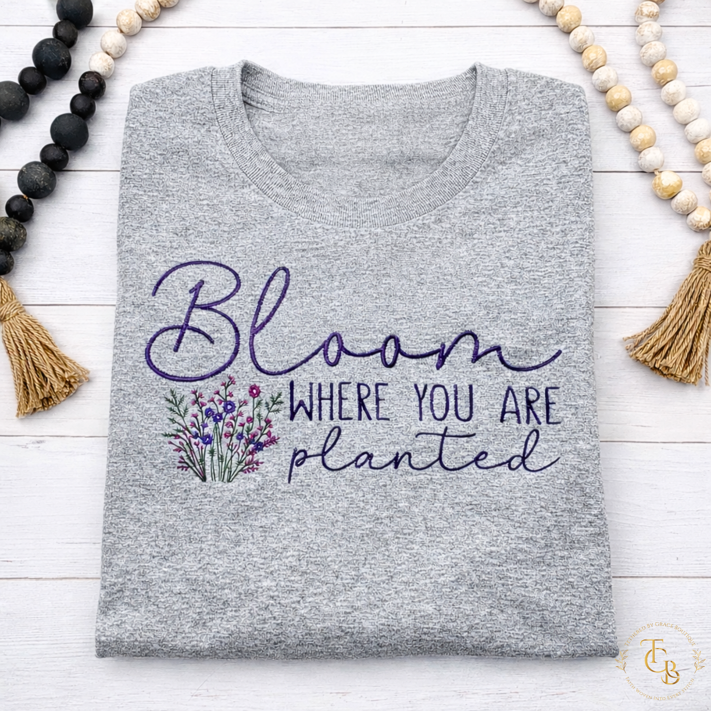 Bloom Where You Are Planted Embroidered Long Sleeve Tee |John 15:5 | Women’s Gray Christian T-Shirt