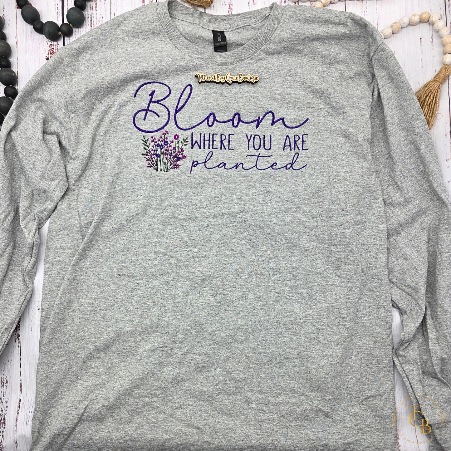 Bloom Where You Are Planted Embroidered Long Sleeve Tee |John 15:5 | Women’s Gray Christian T-Shirt