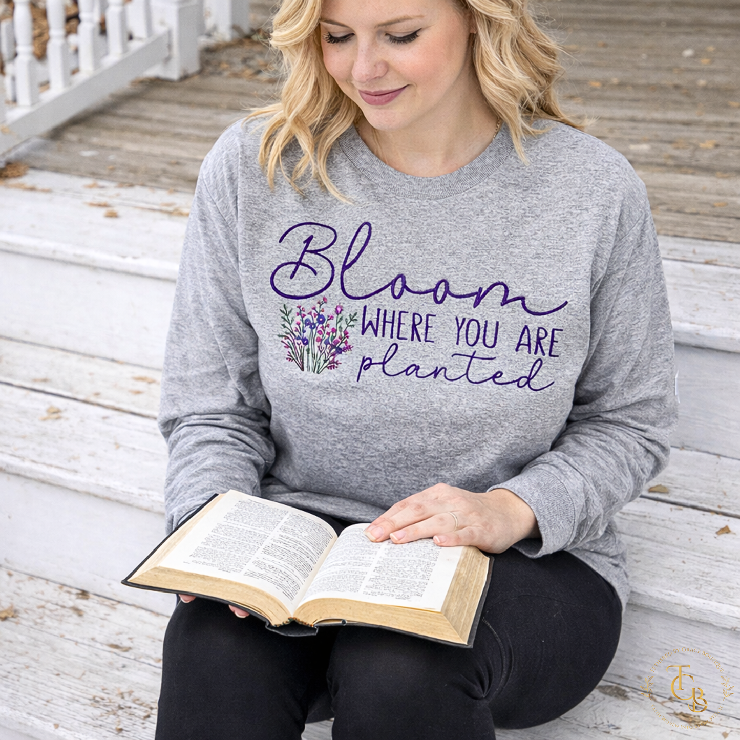 Bloom Where You Are Planted Embroidered Long Sleeve Tee |John 15:5 | Women’s Gray Christian T-Shirt