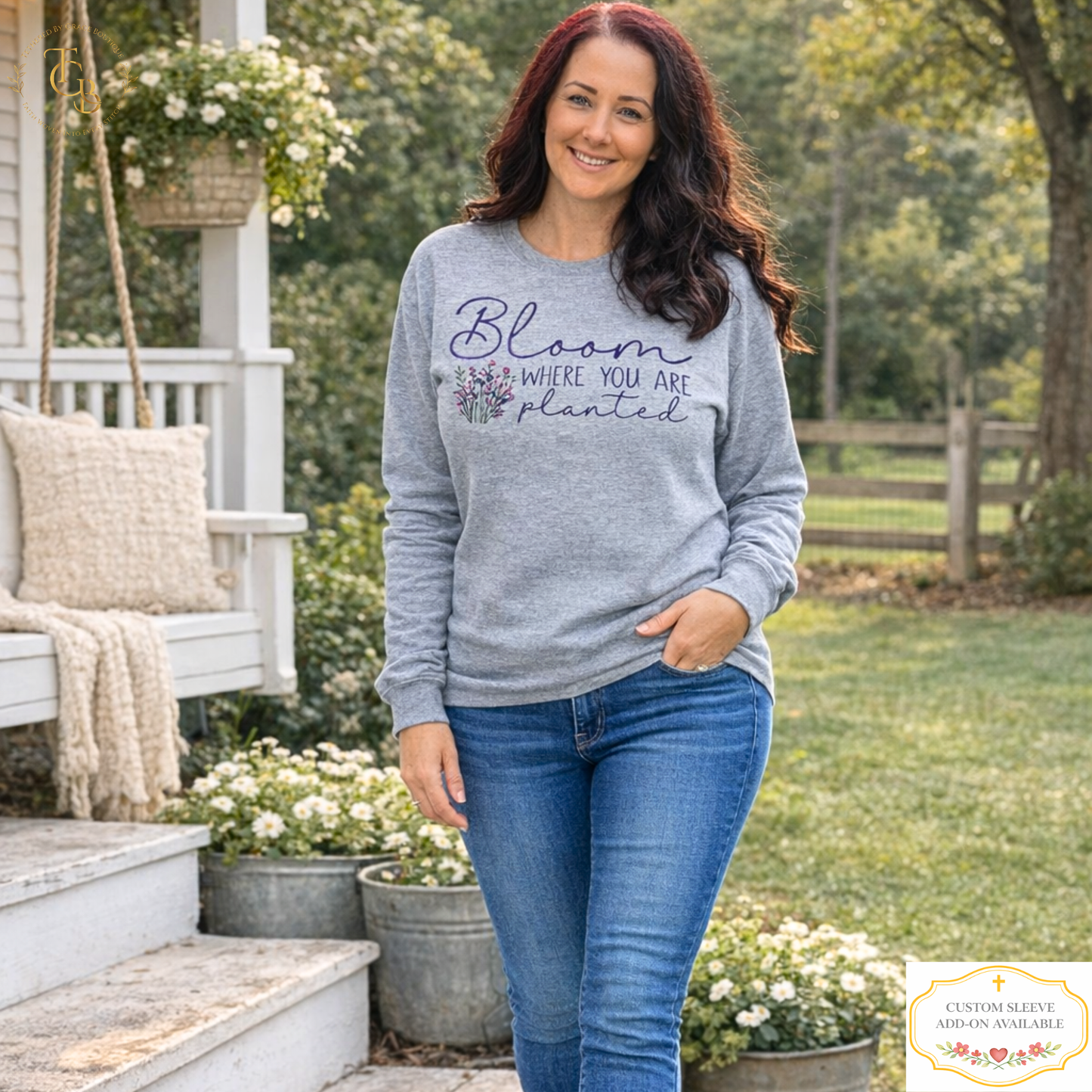 Bloom Where You Are Planted Embroidered Long Sleeve Tee |John 15:5 | Women’s Gray Christian T-Shirt