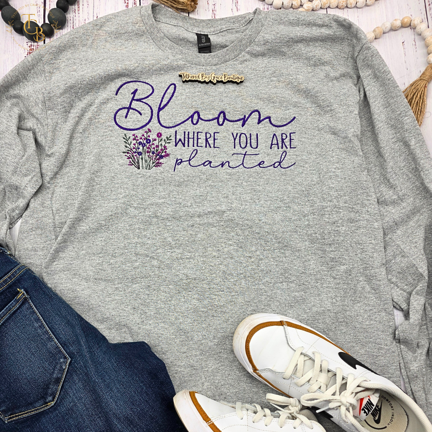 Bloom Where You Are Planted Embroidered Long Sleeve Tee |John 15:5 | Women’s Gray Christian T-Shirt