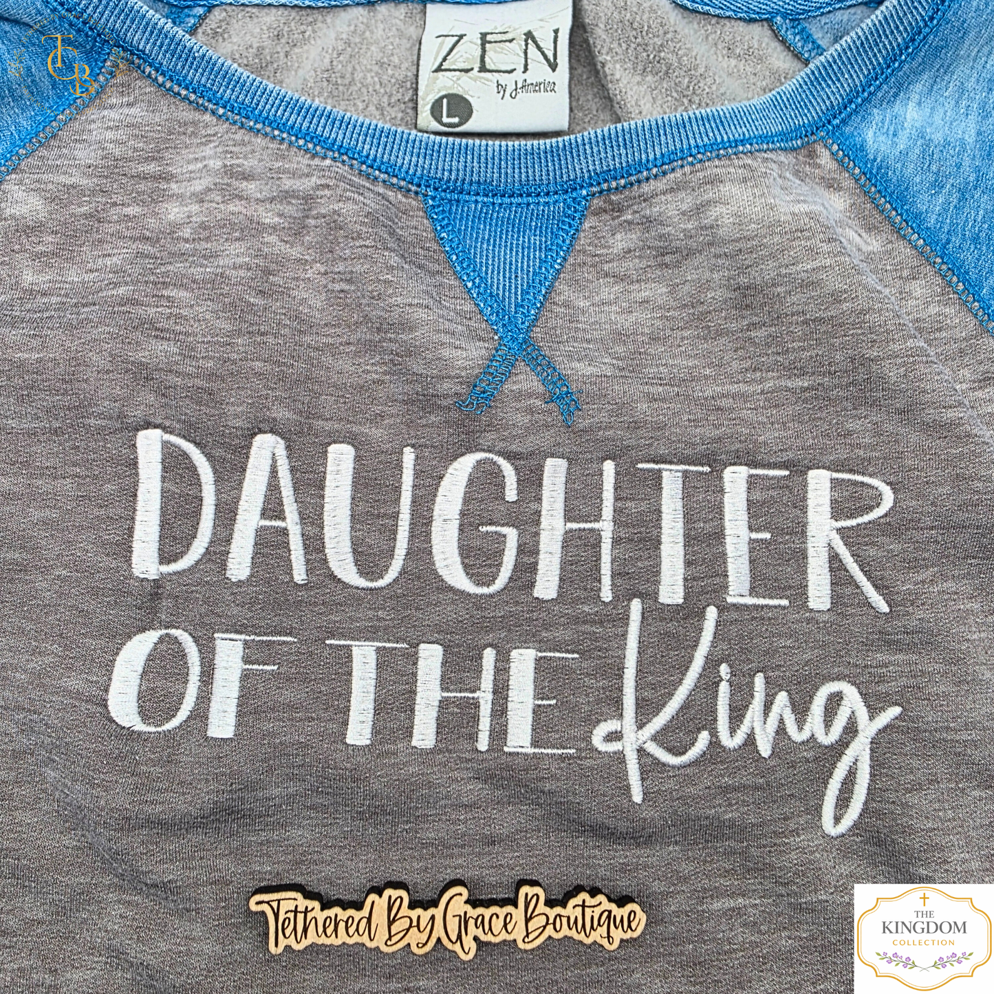 Daughter of the King Embroidered Raglan Sweatshirt | John 1:12 | 1 Peter 2:9 | Women's Faith Statement Pullover