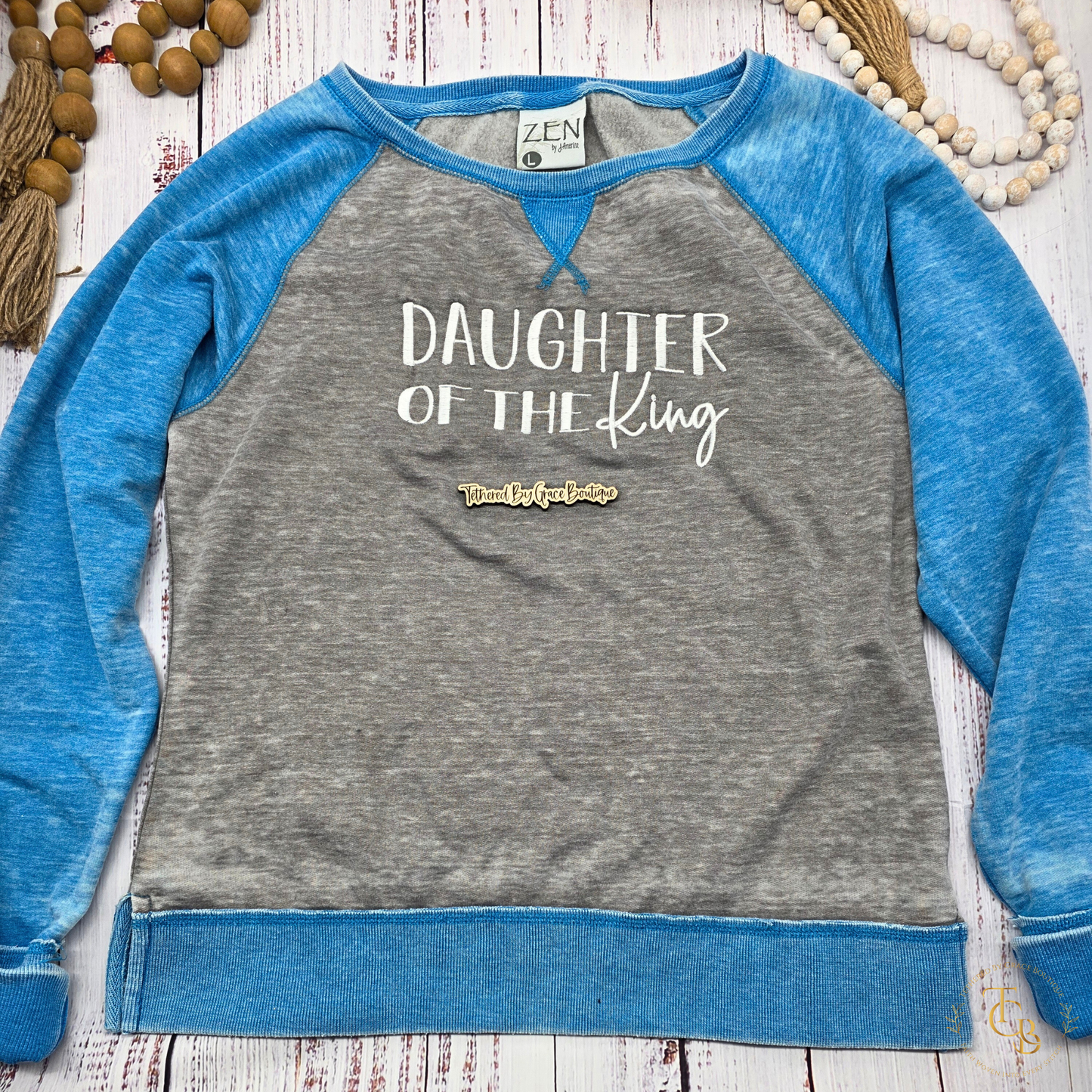 Daughter of the King Embroidered Raglan Sweatshirt | John 1:12 | 1 Peter 2:9 | Women's Faith Statement Pullover