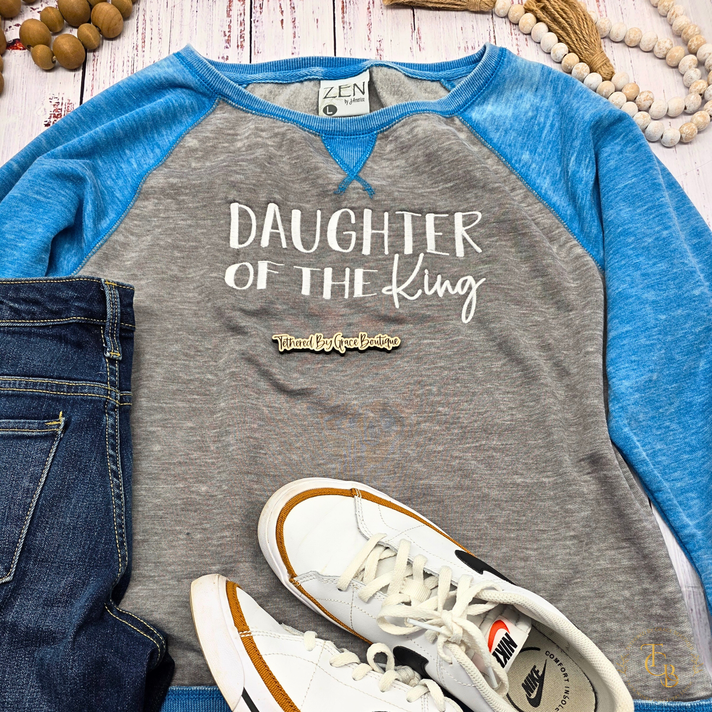 Daughter of the King Embroidered Raglan Sweatshirt | John 1:12 | 1 Peter 2:9 | Women's Faith Statement Pullover