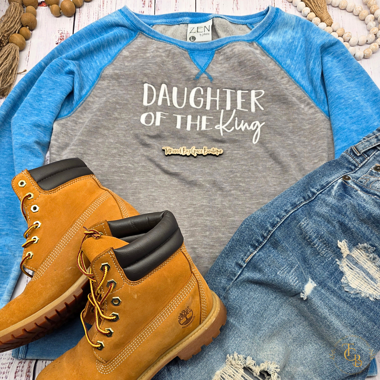 Daughter of the King Embroidered Raglan Sweatshirt | John 1:12 | 1 Peter 2:9 | Women's Faith Statement Pullover