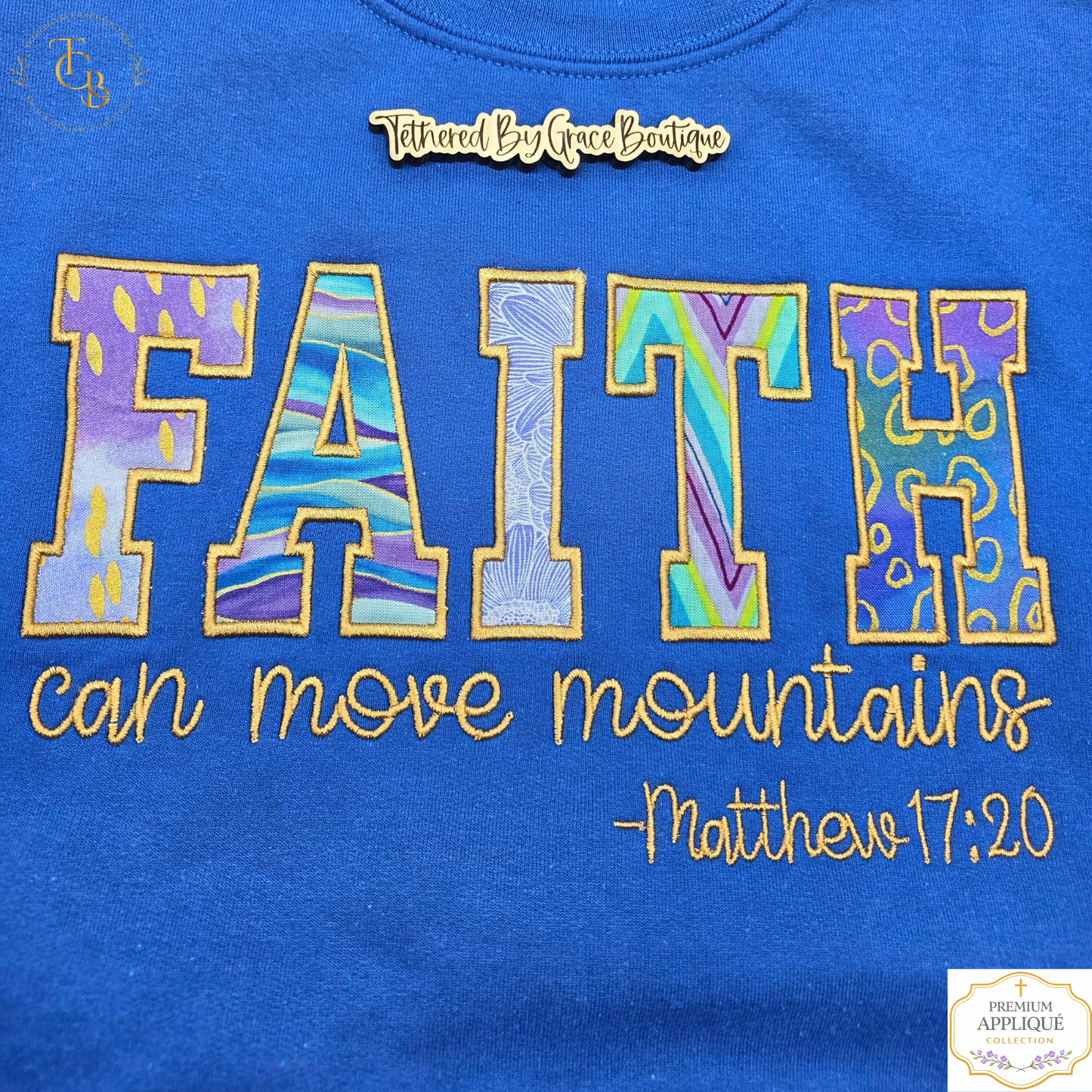 Faith Can Move Mountains Embroidered Premium Appliqué Crewneck Sweatshirt | Matthew 17:20 | Women’s Royal Blue Christian Sweatshirt