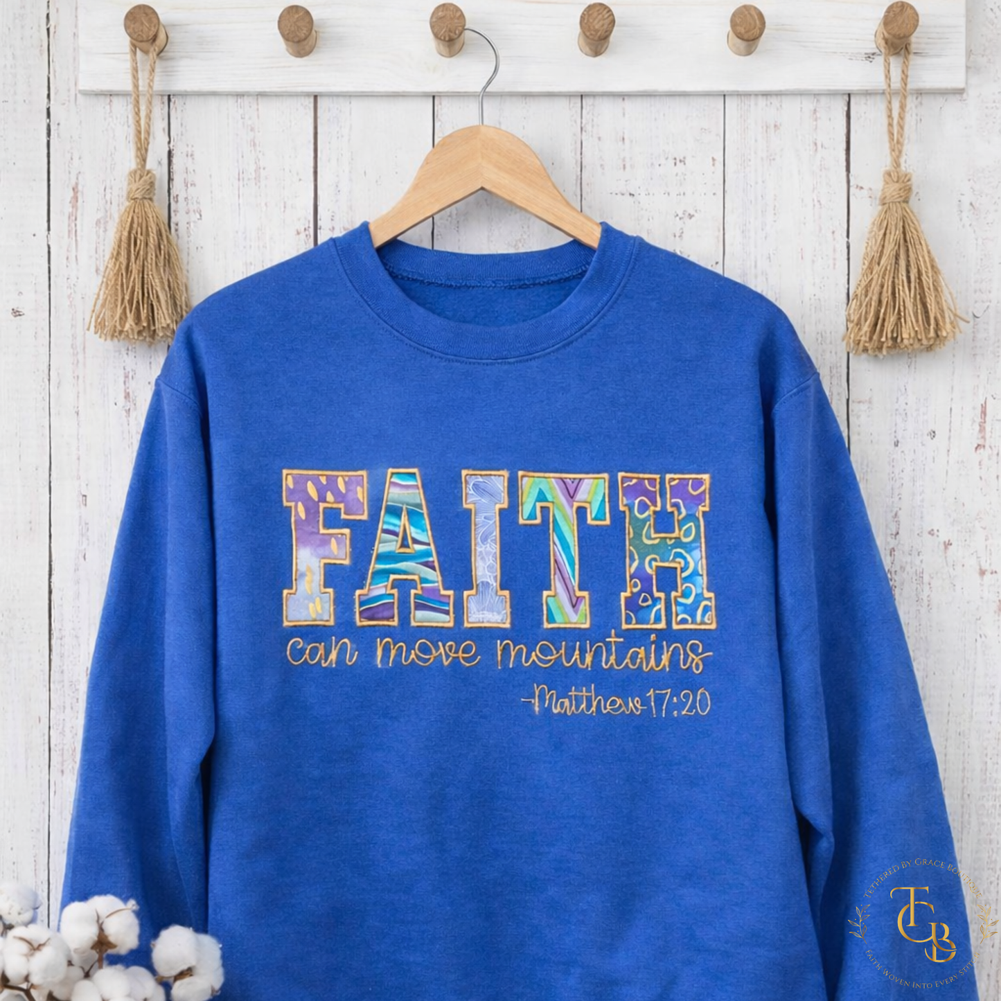Faith Can Move Mountains Embroidered Premium Appliqué Crewneck Sweatshirt | Matthew 17:20 | Women’s Royal Blue Christian Sweatshirt