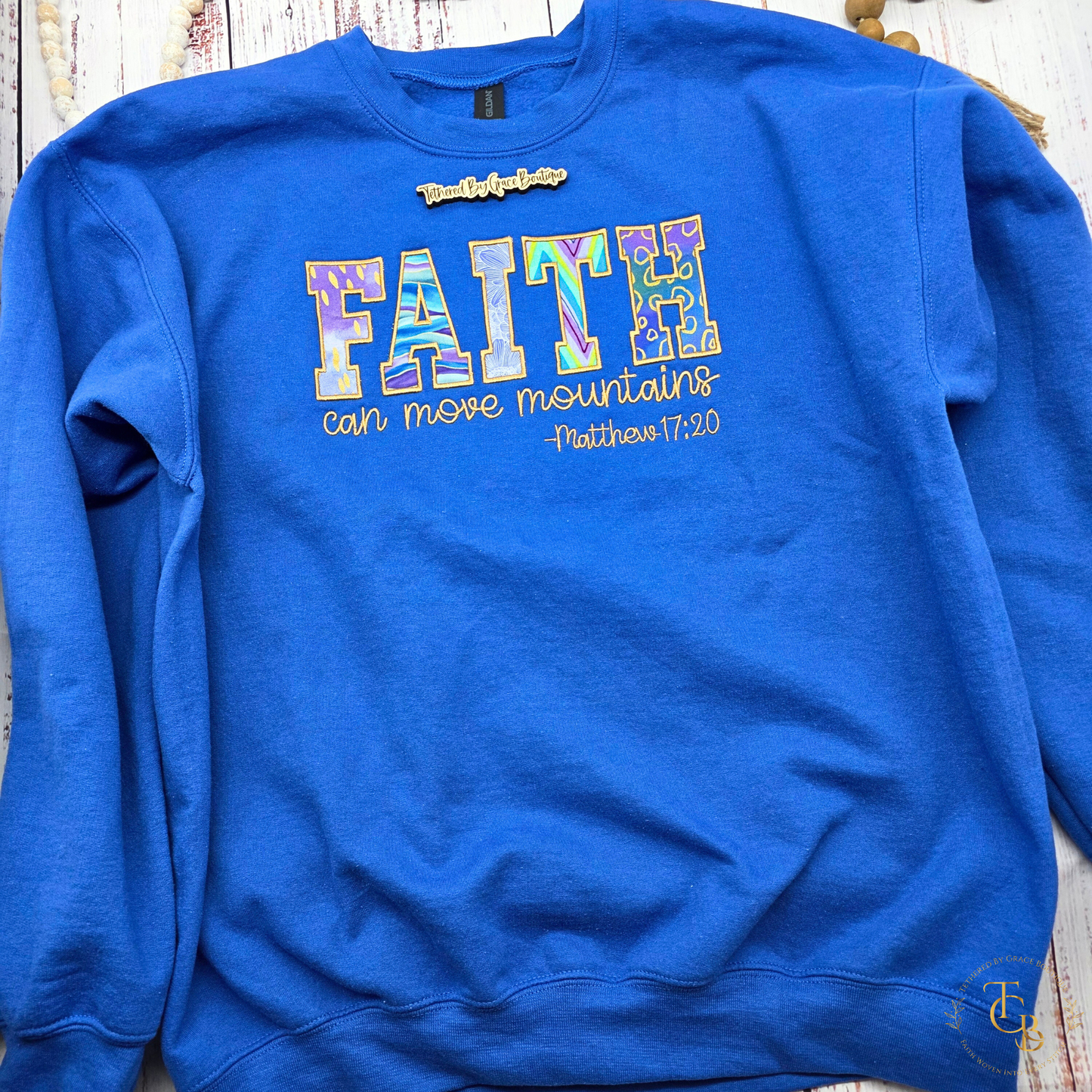 Faith Can Move Mountains Embroidered Premium Appliqué Crewneck Sweatshirt | Matthew 17:20 | Women’s Royal Blue Christian Sweatshirt