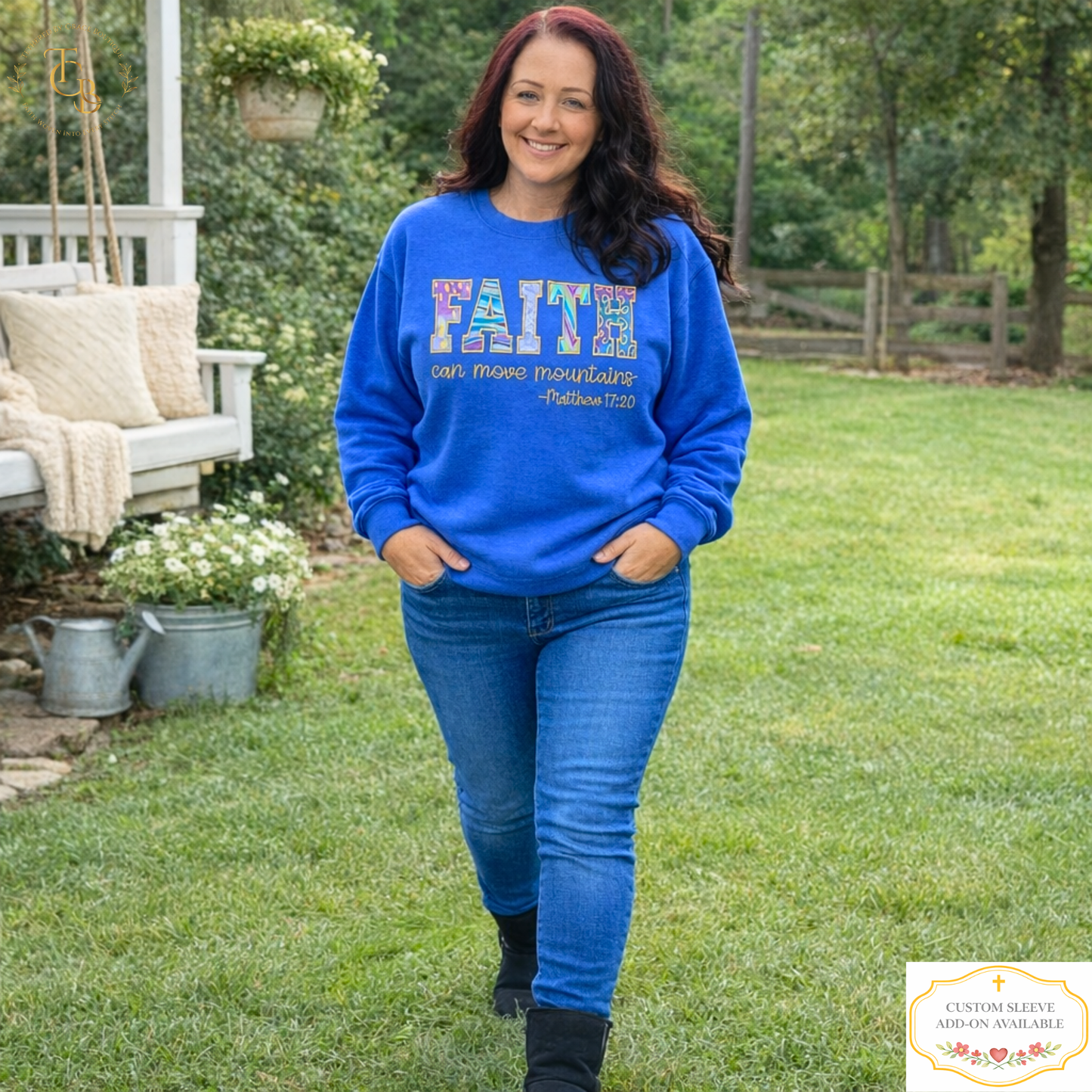 Faith Can Move Mountains Embroidered Premium Appliqué Crewneck Sweatshirt | Matthew 17:20 | Women’s Royal Blue Christian Sweatshirt