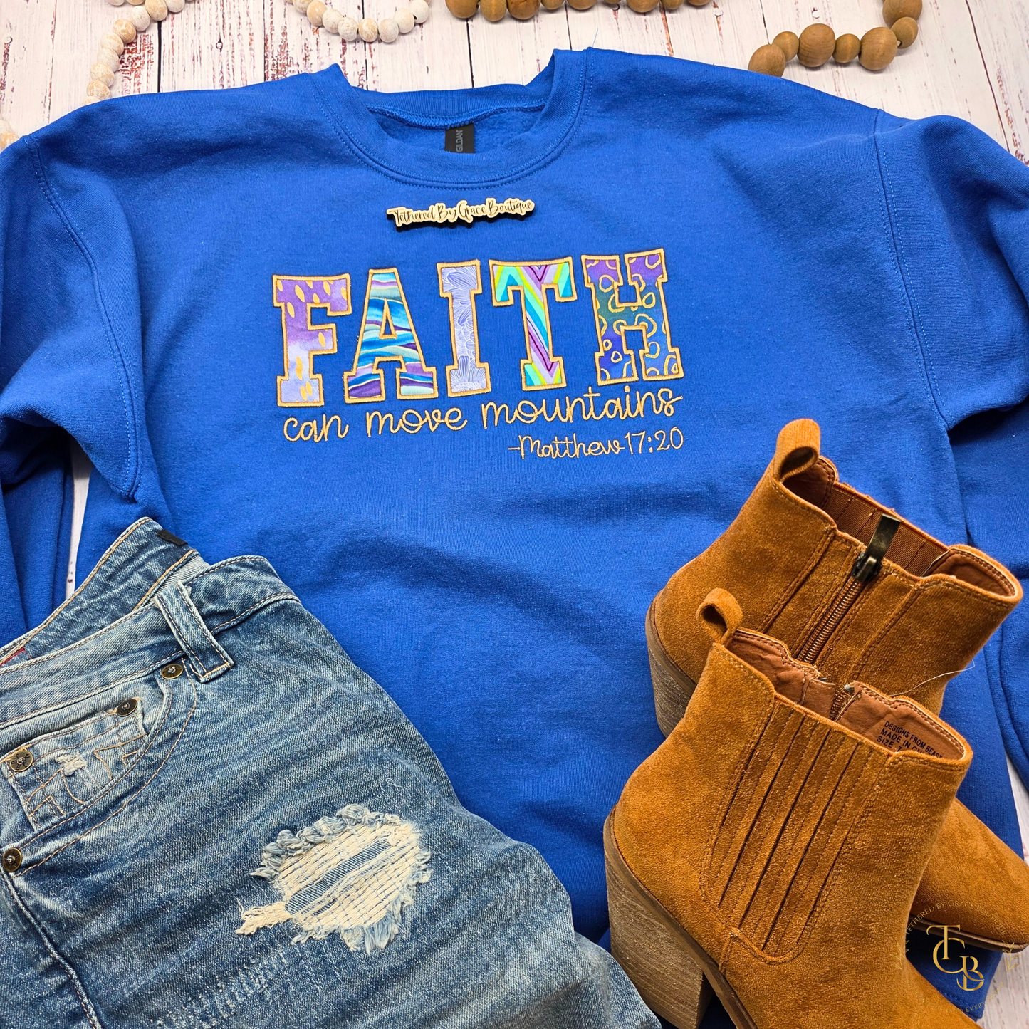 Faith Can Move Mountains Embroidered Premium Appliqué Crewneck Sweatshirt | Matthew 17:20 | Women’s Royal Blue Christian Sweatshirt