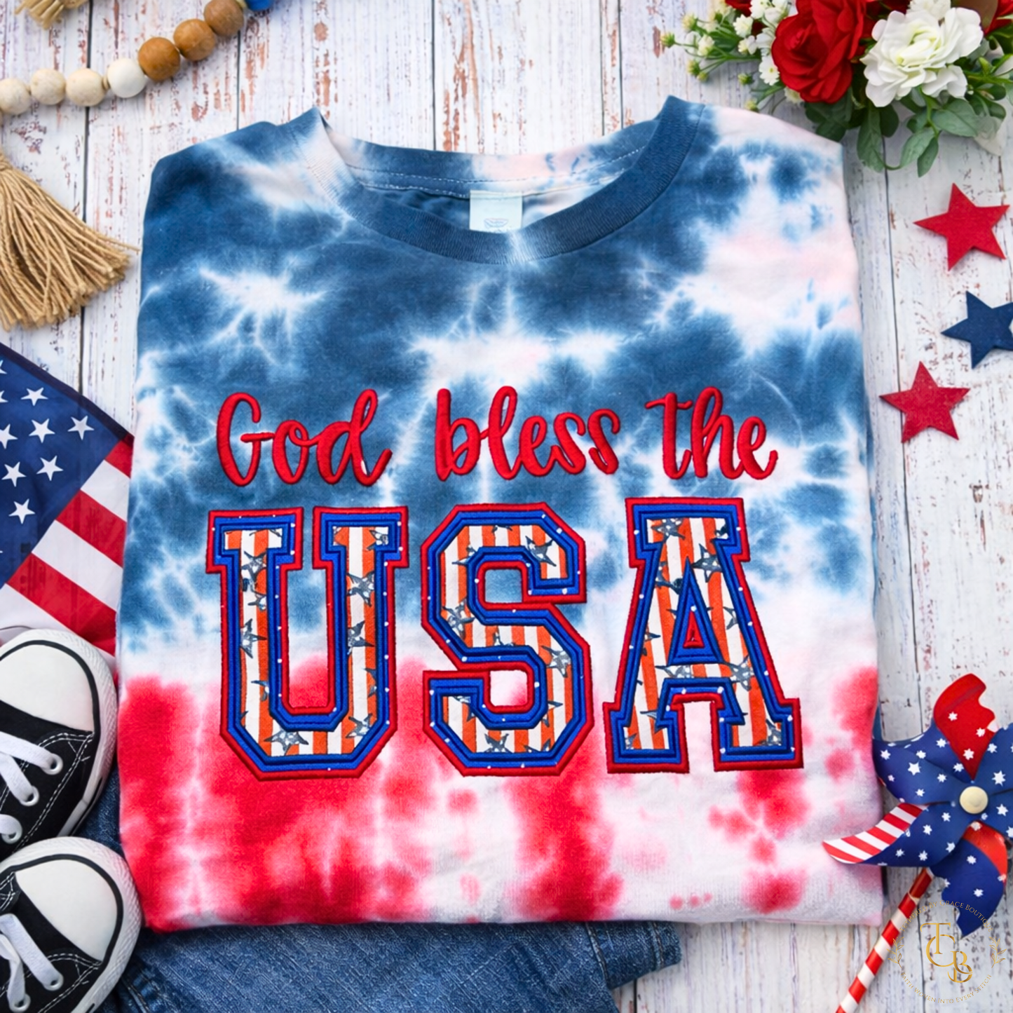 God Bless the USA Tie-Dye T-Shirt – Premium Satin Stitch Appliqué | Patriotic Faith-Inspired Statement Tee