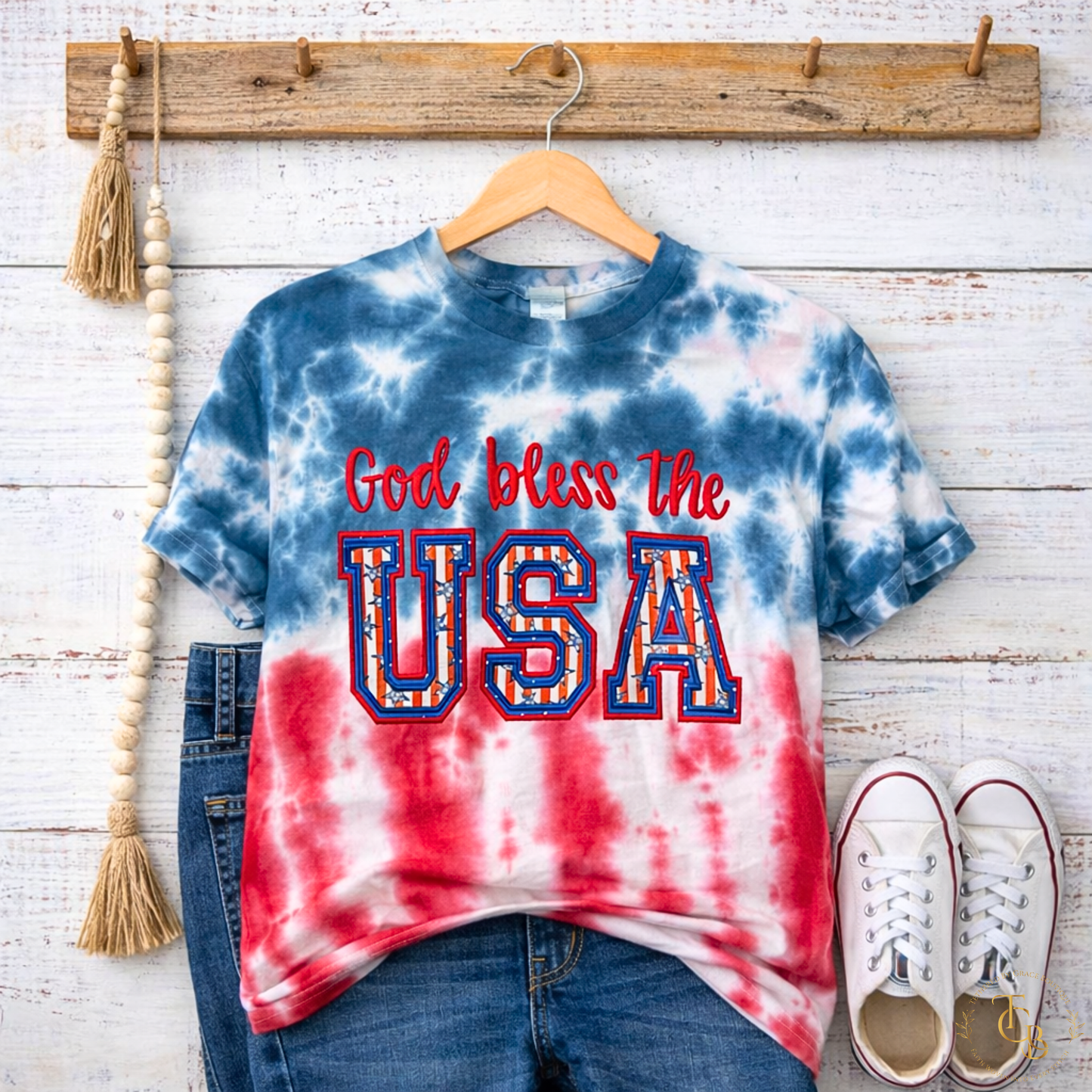 God Bless the USA Tie-Dye T-Shirt – Premium Satin Stitch Appliqué | Patriotic Faith-Inspired Statement Tee