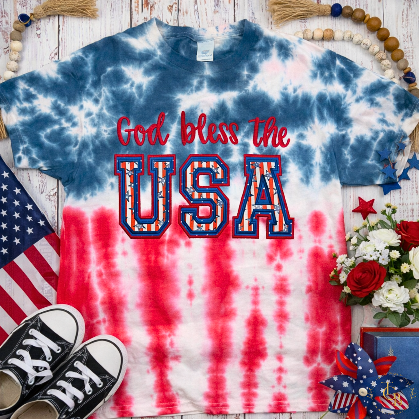 God Bless the USA Tie-Dye T-Shirt – Premium Satin Stitch Appliqué | Patriotic Faith-Inspired Statement Tee