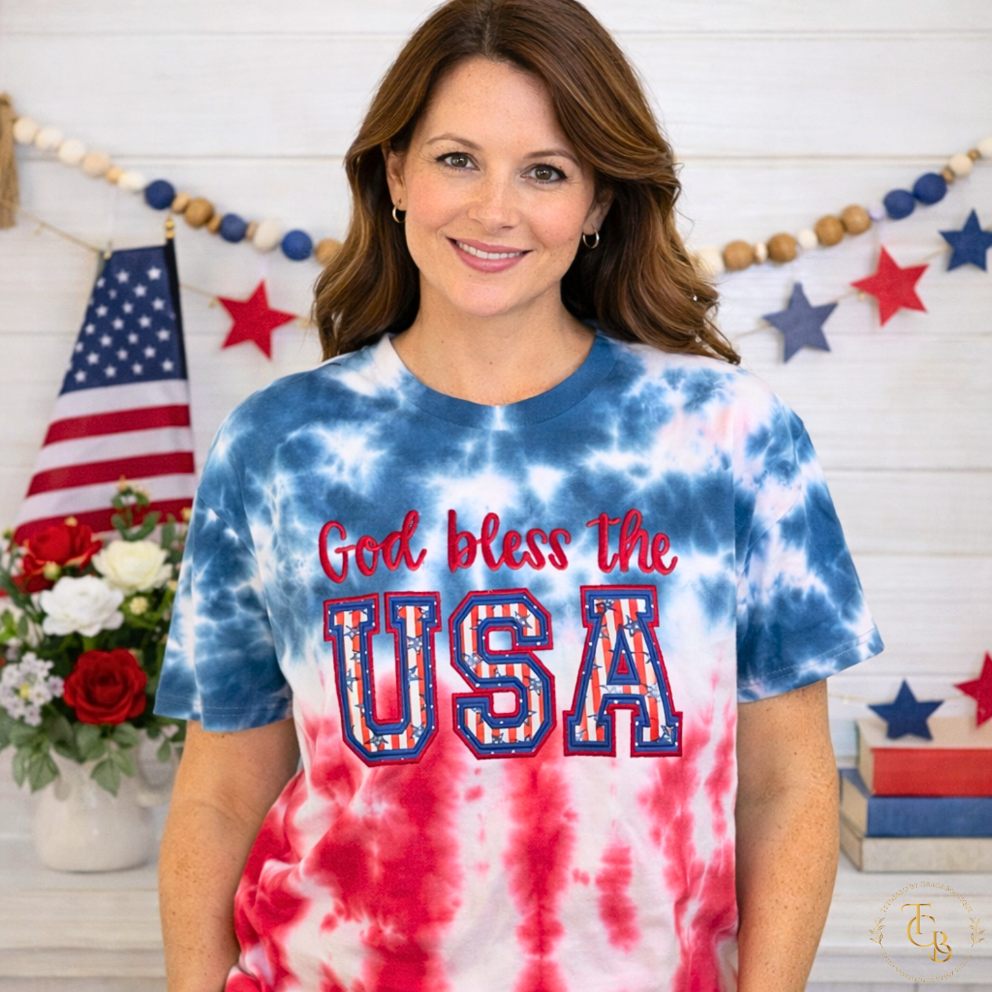 God Bless the USA Tie-Dye T-Shirt – Premium Satin Stitch Appliqué | Patriotic Faith-Inspired Statement Tee