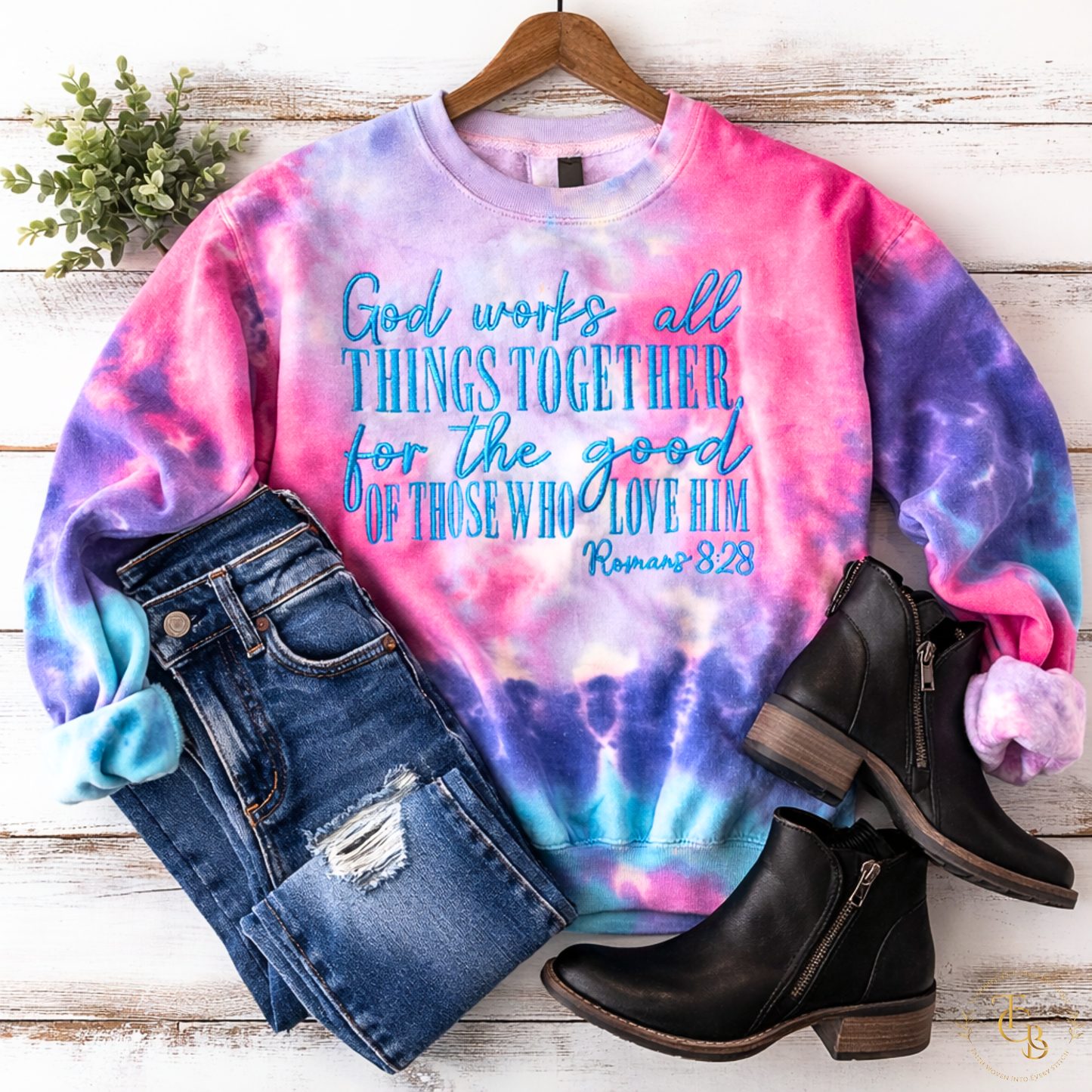 God Works All Things Together for Good Embroidered Tie-Dye Crewneck Sweatshirt | Premium Colortone Cotton Candy | Romans 8:28