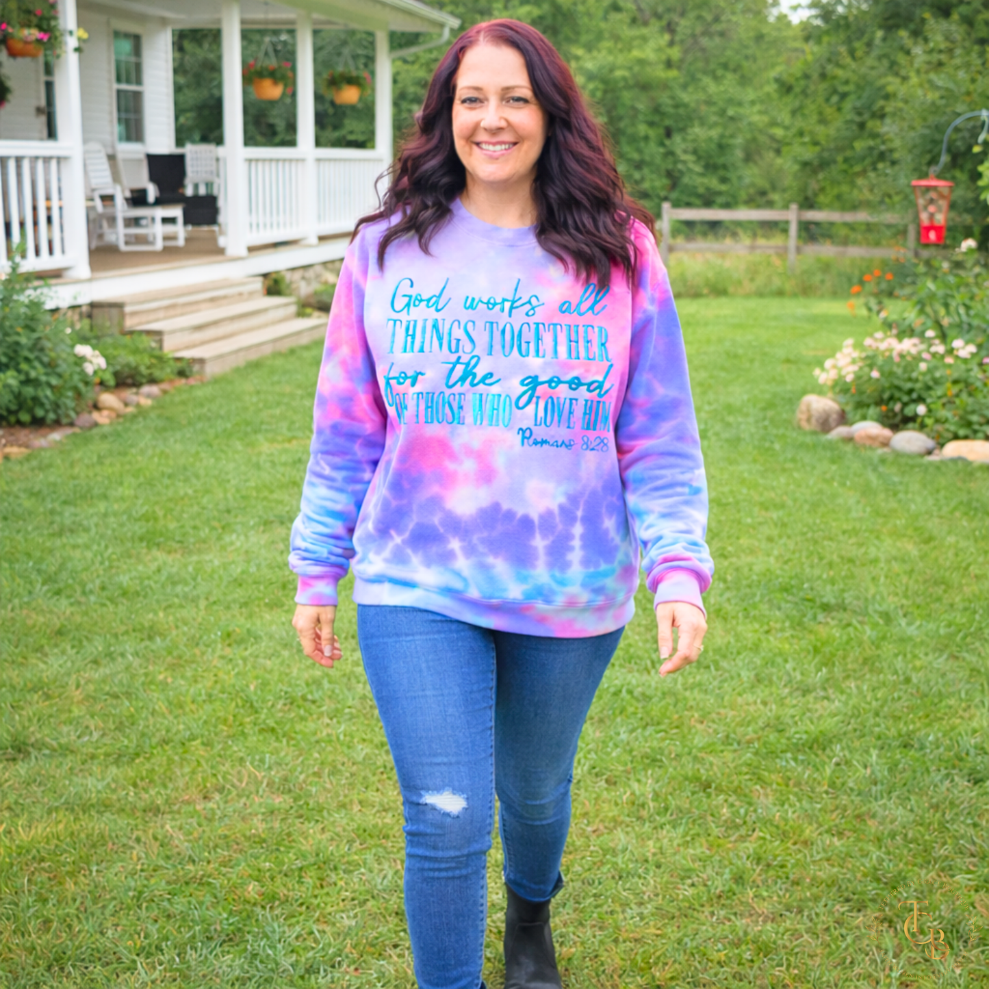 God Works All Things Together for Good Embroidered Tie-Dye Crewneck Sweatshirt | Premium Colortone Cotton Candy | Romans 8:28