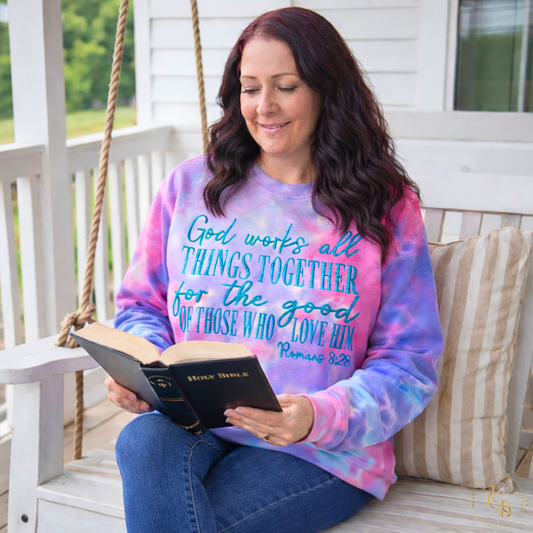 God Works All Things Together for Good Embroidered Tie-Dye Crewneck Sweatshirt | Premium Colortone Cotton Candy | Romans 8:28