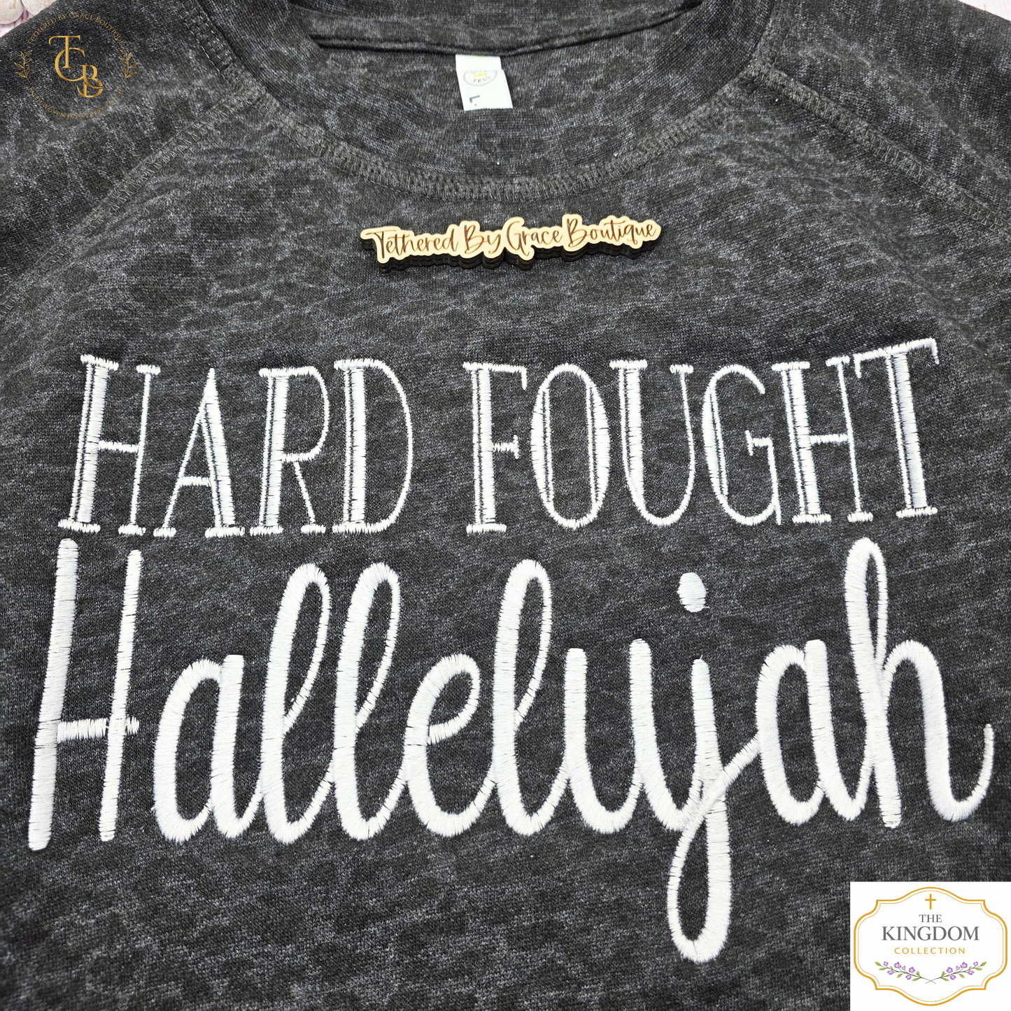 Hard Fought Hallelujah Premium Embroidered Crewneck Sweatshirt | Women’s Relaxed Boxy Fleece - Black Leopard