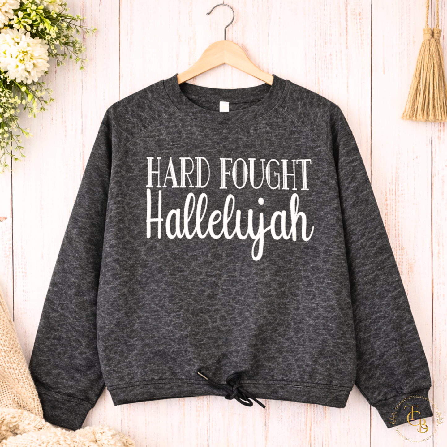 Hard Fought Hallelujah Premium Embroidered Crewneck Sweatshirt | Women’s Relaxed Boxy Fleece - Black Leopard