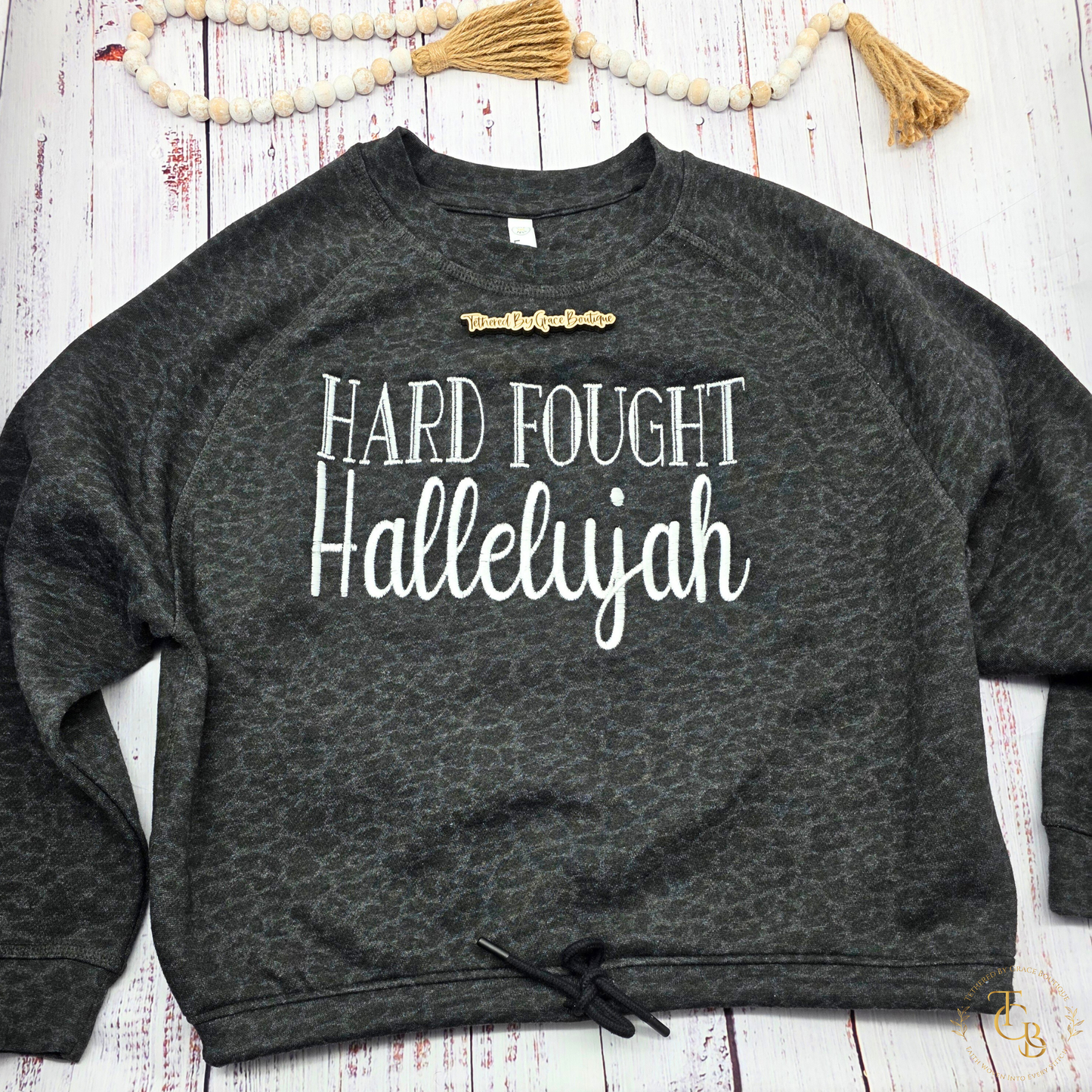 Hard Fought Hallelujah Premium Embroidered Crewneck Sweatshirt | Women’s Relaxed Boxy Fleece - Black Leopard