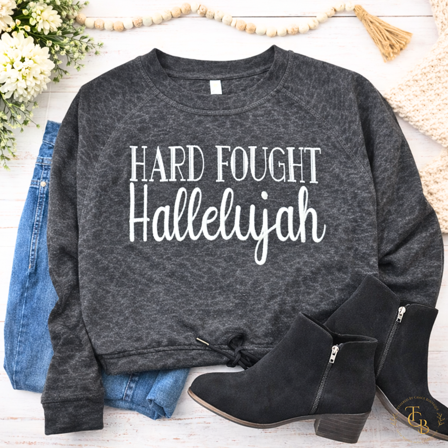 Hard Fought Hallelujah Premium Embroidered Crewneck Sweatshirt | Women’s Relaxed Boxy Fleece - Black Leopard