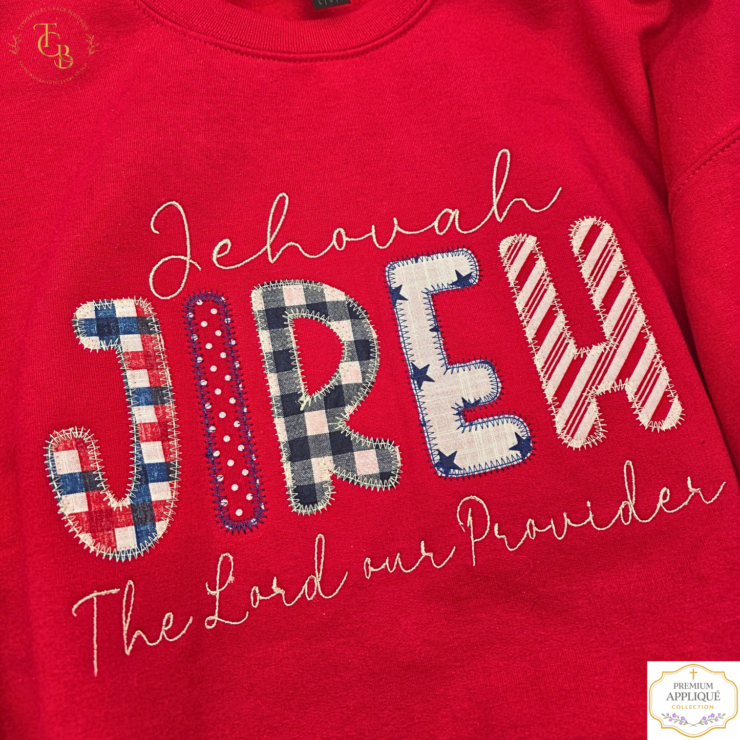 Jehovah Jireh Embroidered Premium Appliqué Crewneck Sweatshirt – The Lord Our Provider | Women’s Red Christian Sweatshirt