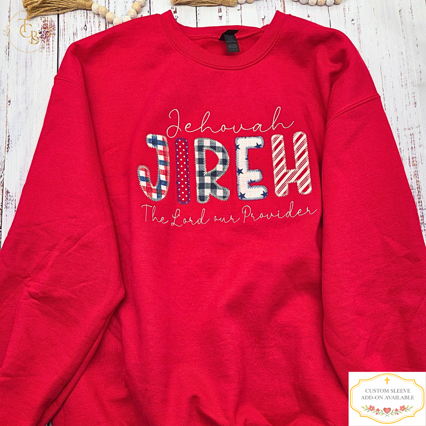 Jehovah Jireh Embroidered Premium Appliqué Crewneck Sweatshirt – The Lord Our Provider | Women’s Red Christian Sweatshirt