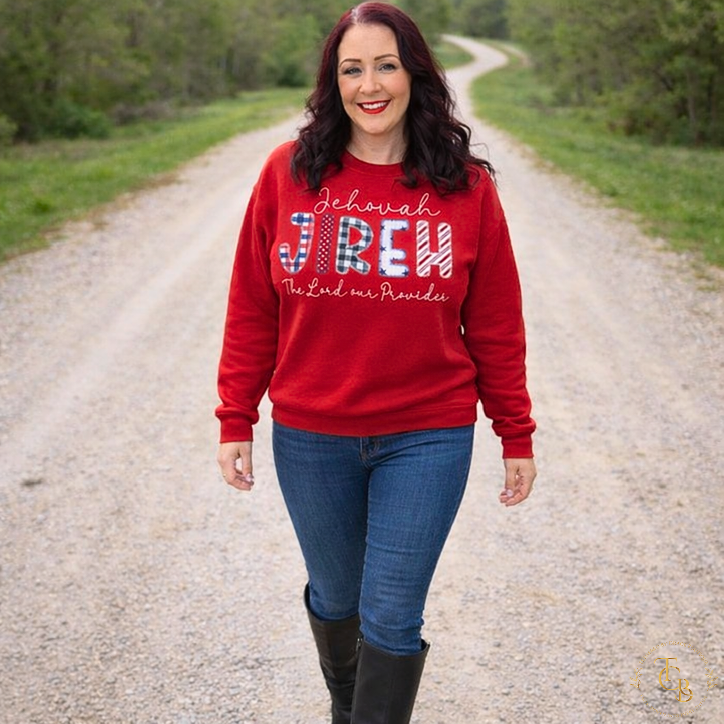 Jehovah Jireh Embroidered Premium Appliqué Crewneck Sweatshirt – The Lord Our Provider | Women’s Red Christian Sweatshirt
