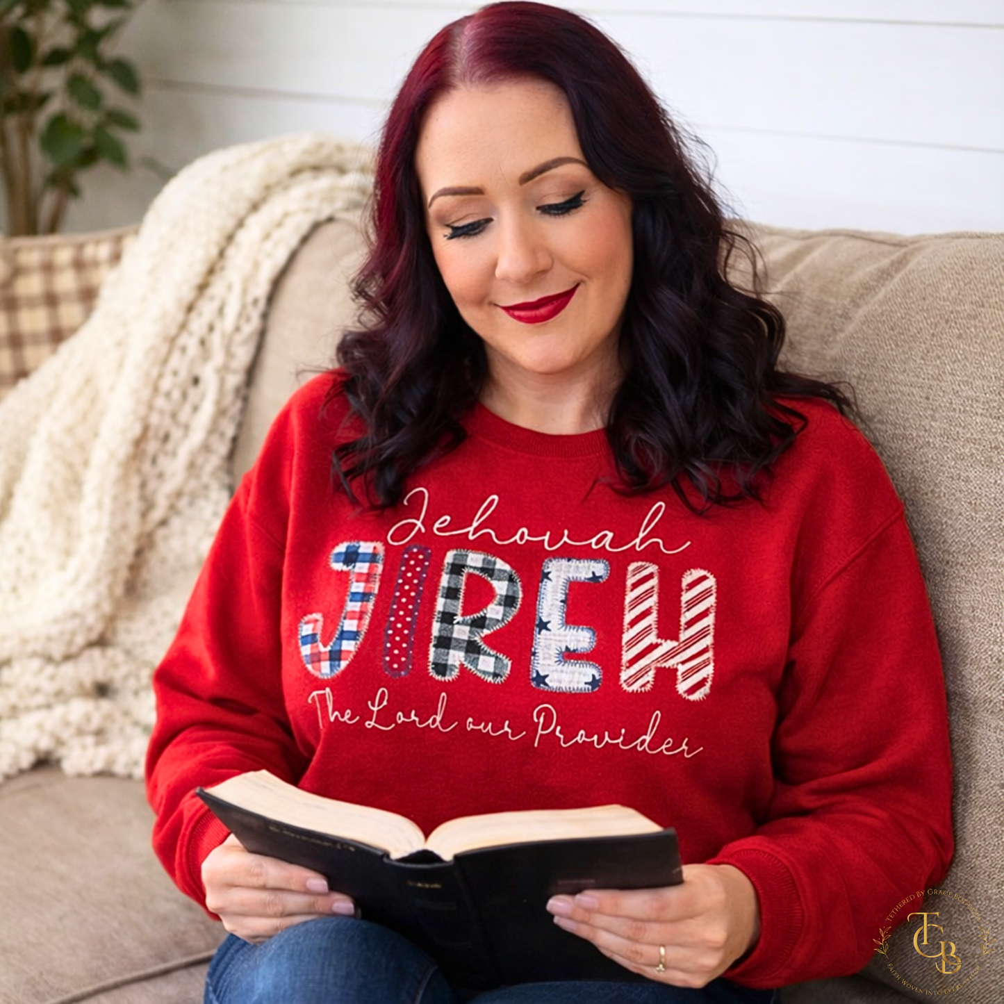 Jehovah Jireh Embroidered Premium Appliqué Crewneck Sweatshirt – The Lord Our Provider | Women’s Red Christian Sweatshirt