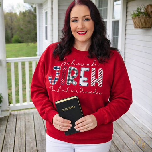 Jehovah Jireh Embroidered Premium Appliqué Crewneck Sweatshirt – The Lord Our Provider | Women’s Red Christian Sweatshirt