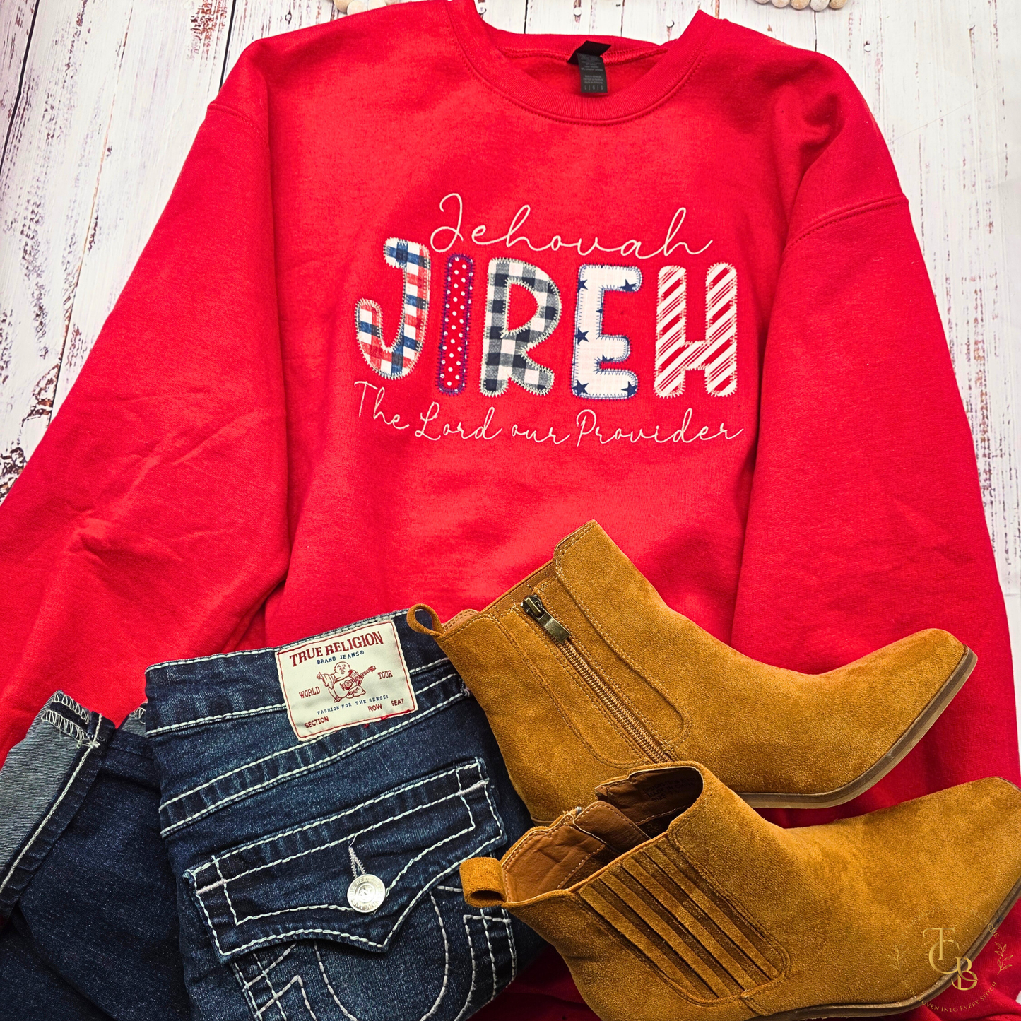 Jehovah Jireh Embroidered Premium Appliqué Crewneck Sweatshirt – The Lord Our Provider | Women’s Red Christian Sweatshirt