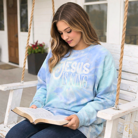 Jesus Is King Embroidered Tie-Dye Crewneck Sweatshirt | Premium Colortone Lagoon Blue | Revelation 19:16