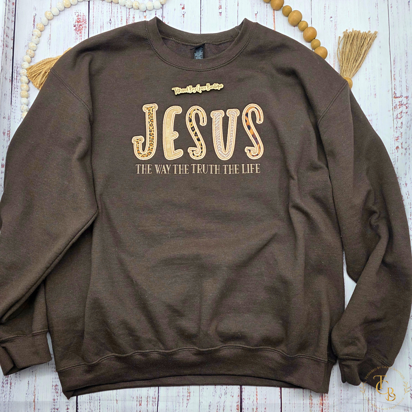 Jesus — The Way, The Truth, The Life Embroidered Crewneck Sweatshirt | Premium Appliqué Sweatshirt | Dark Chocolate Brown | John 14:6