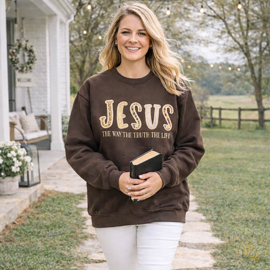 Jesus — The Way, The Truth, The Life Embroidered Crewneck Sweatshirt | Premium Appliqué Sweatshirt | Dark Chocolate Brown | John 14:6