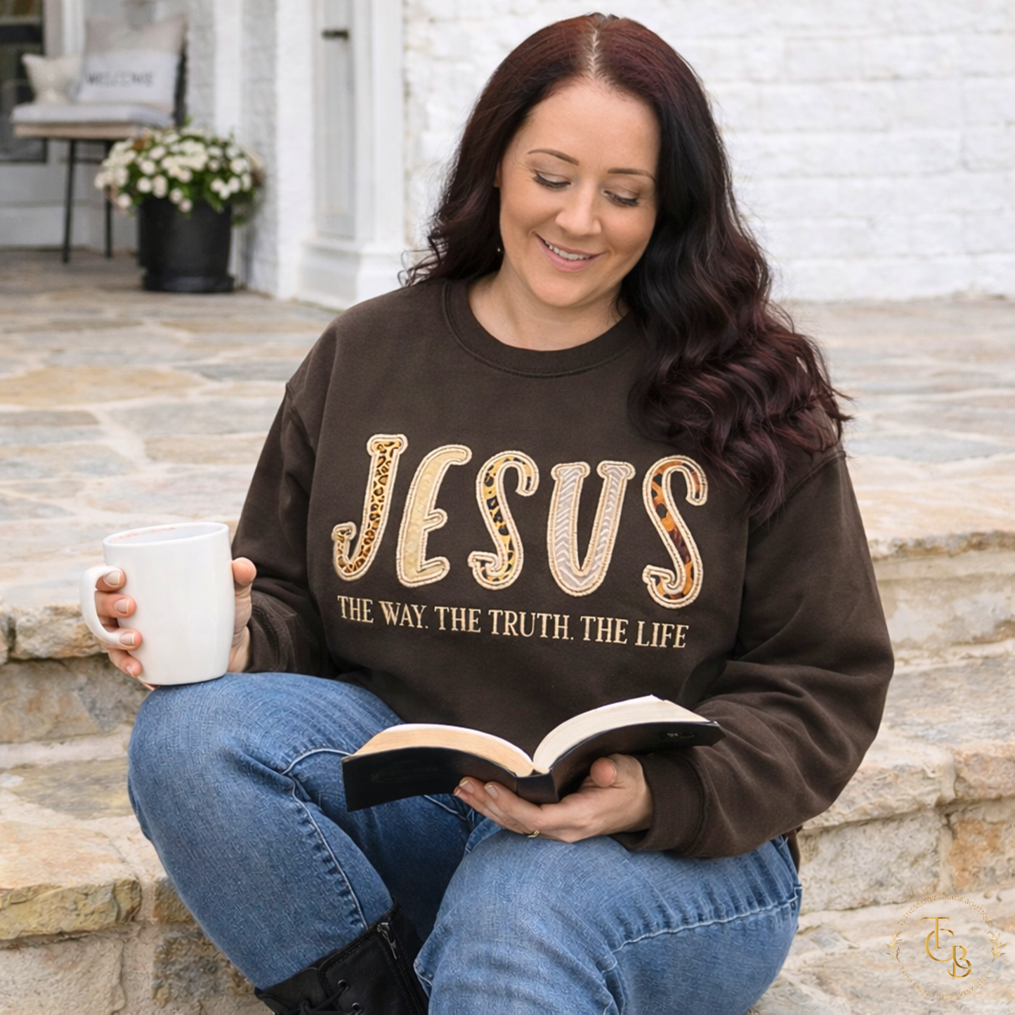 Jesus — The Way, The Truth, The Life Embroidered Crewneck Sweatshirt | Premium Appliqué Sweatshirt | Dark Chocolate Brown | John 14:6