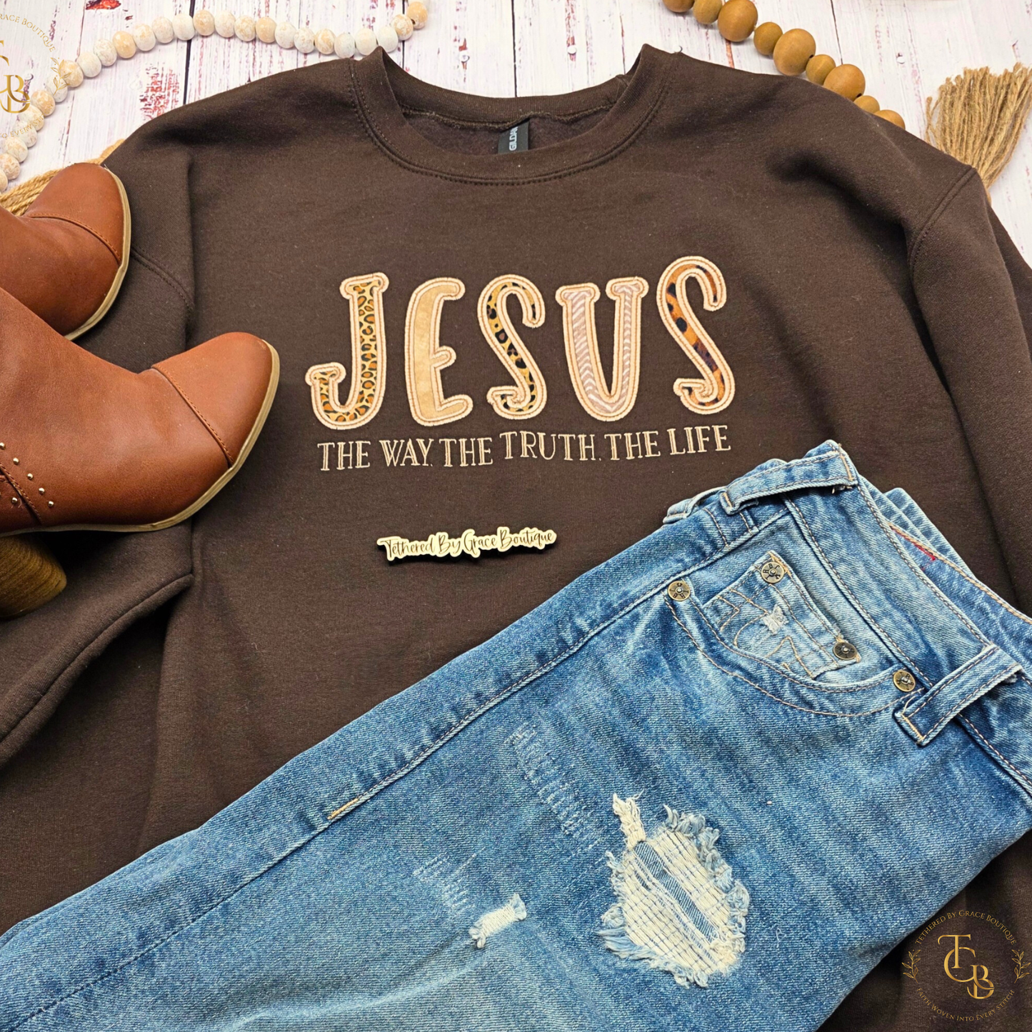 Jesus — The Way, The Truth, The Life Embroidered Crewneck Sweatshirt | Premium Appliqué Sweatshirt | Dark Chocolate Brown | John 14:6