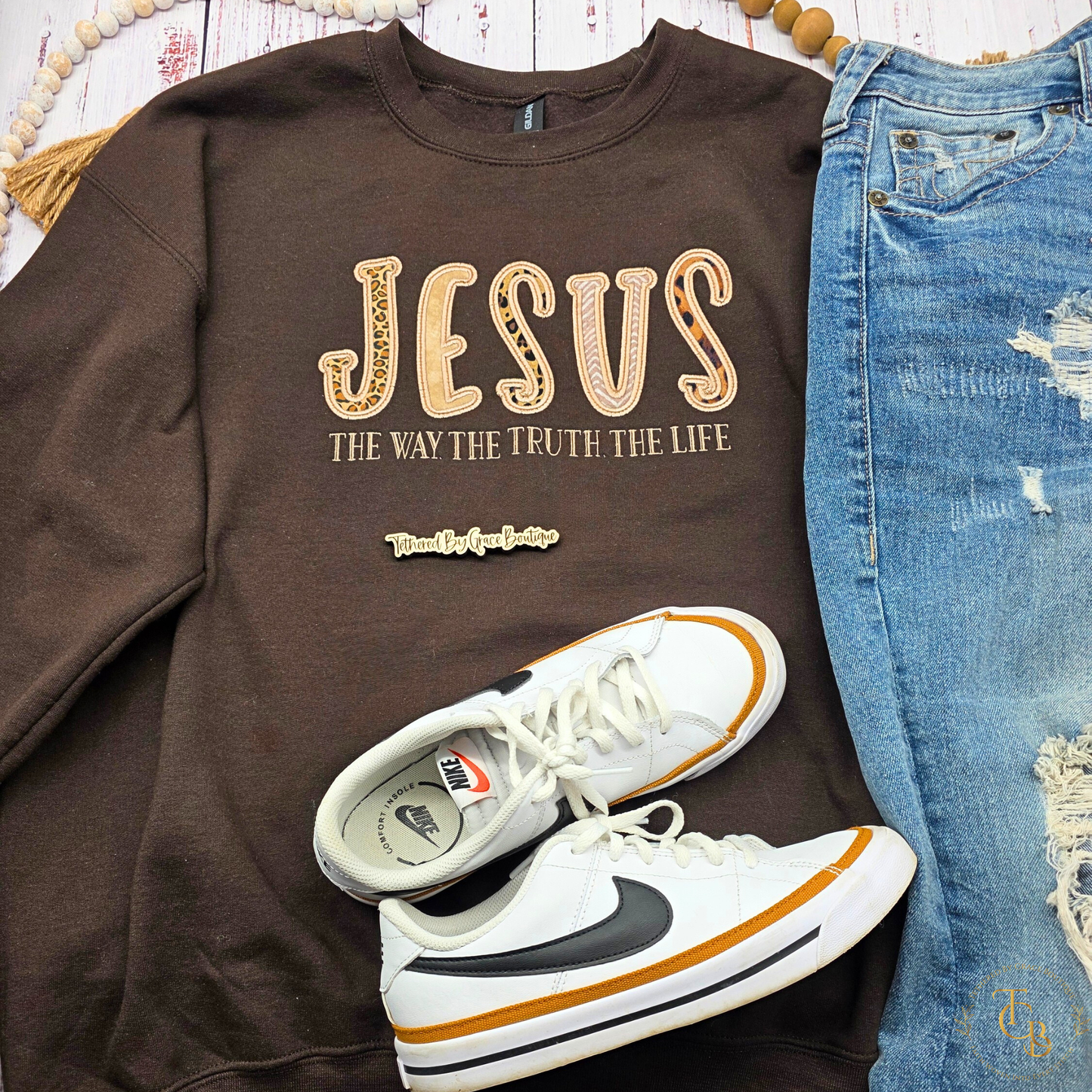 Jesus — The Way, The Truth, The Life Embroidered Crewneck Sweatshirt | Premium Appliqué Sweatshirt | Dark Chocolate Brown | John 14:6