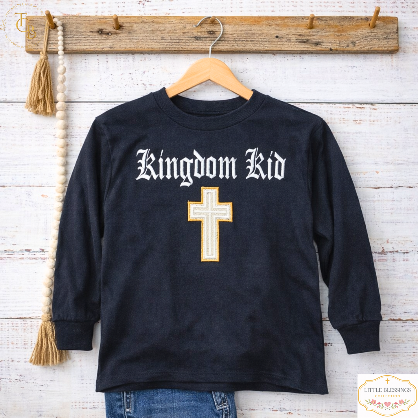 Kingdom Kid Youth Embroidered Long Sleeve Shirt – Black | Christian Kids Apparel