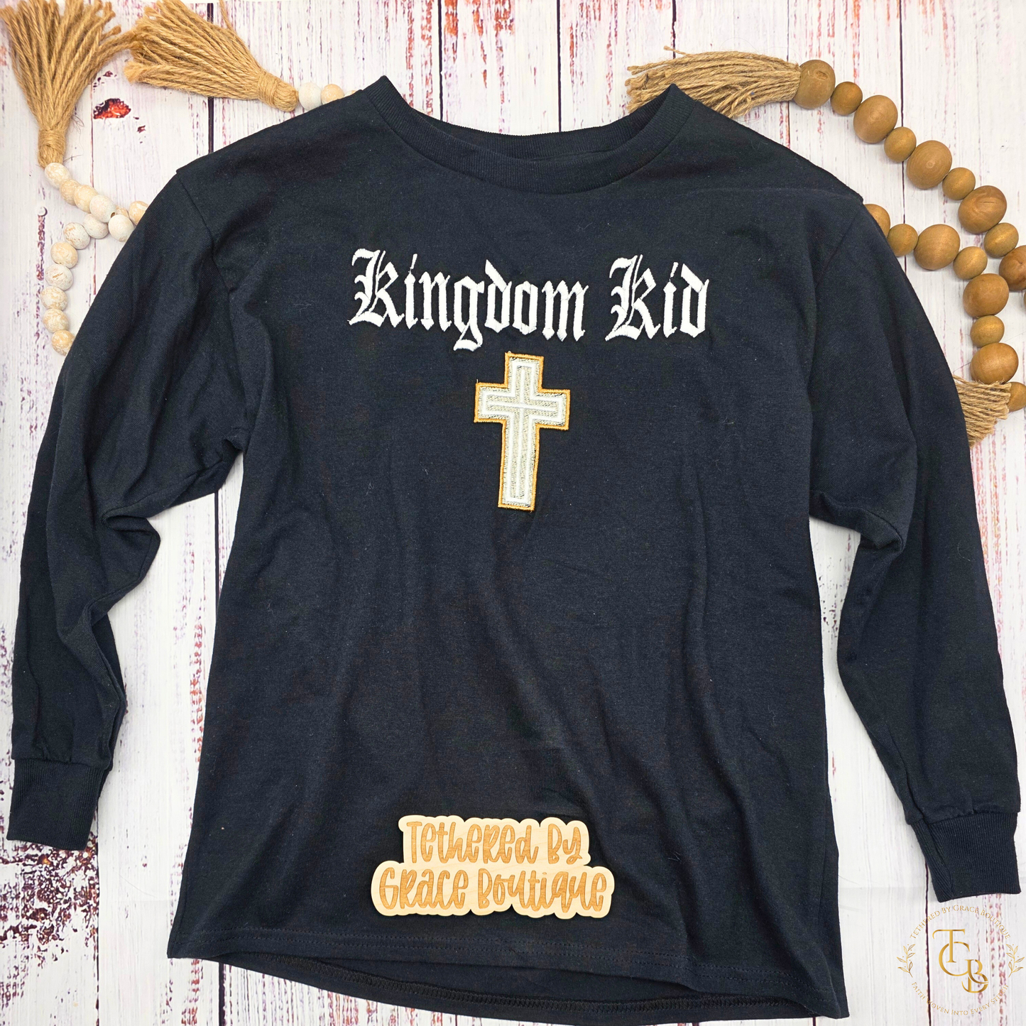 Kingdom Kid Youth Embroidered Long Sleeve Shirt – Black | Christian Kids Apparel