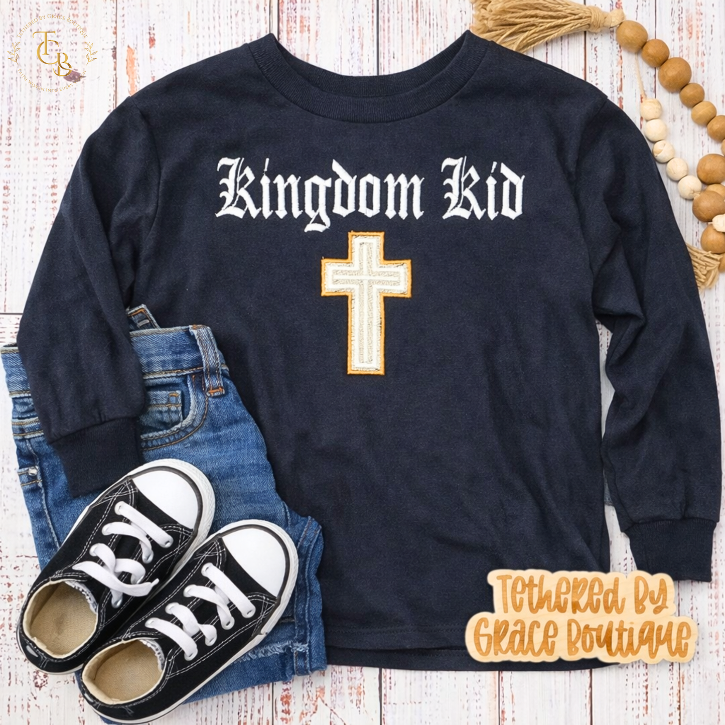 Kingdom Kid Youth Embroidered Long Sleeve Shirt – Black | Christian Kids Apparel