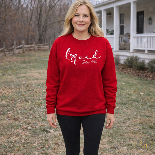 Loved Embroidered Crewneck Sweatshirt – John 3:16 | Women’s Faith Apparel