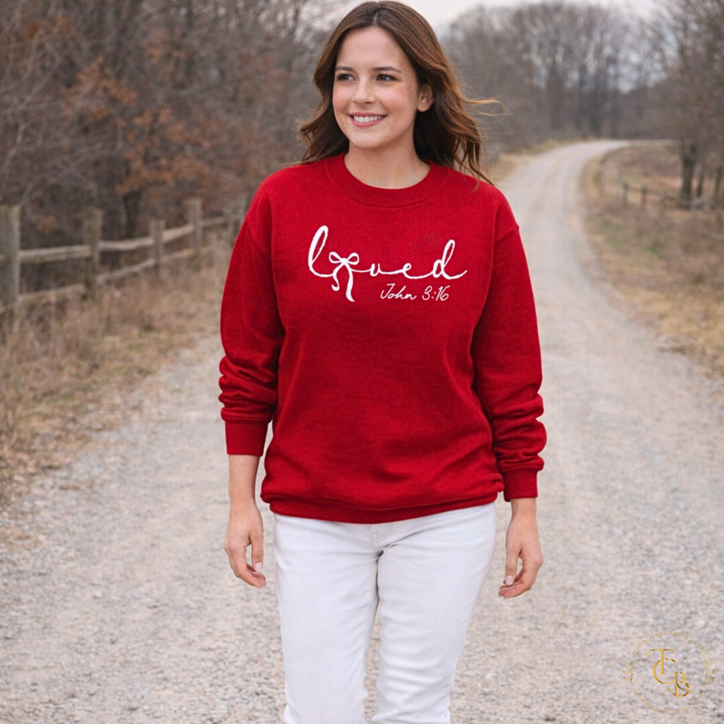 Loved Embroidered Crewneck Sweatshirt – John 3:16 | Women’s Faith Apparel